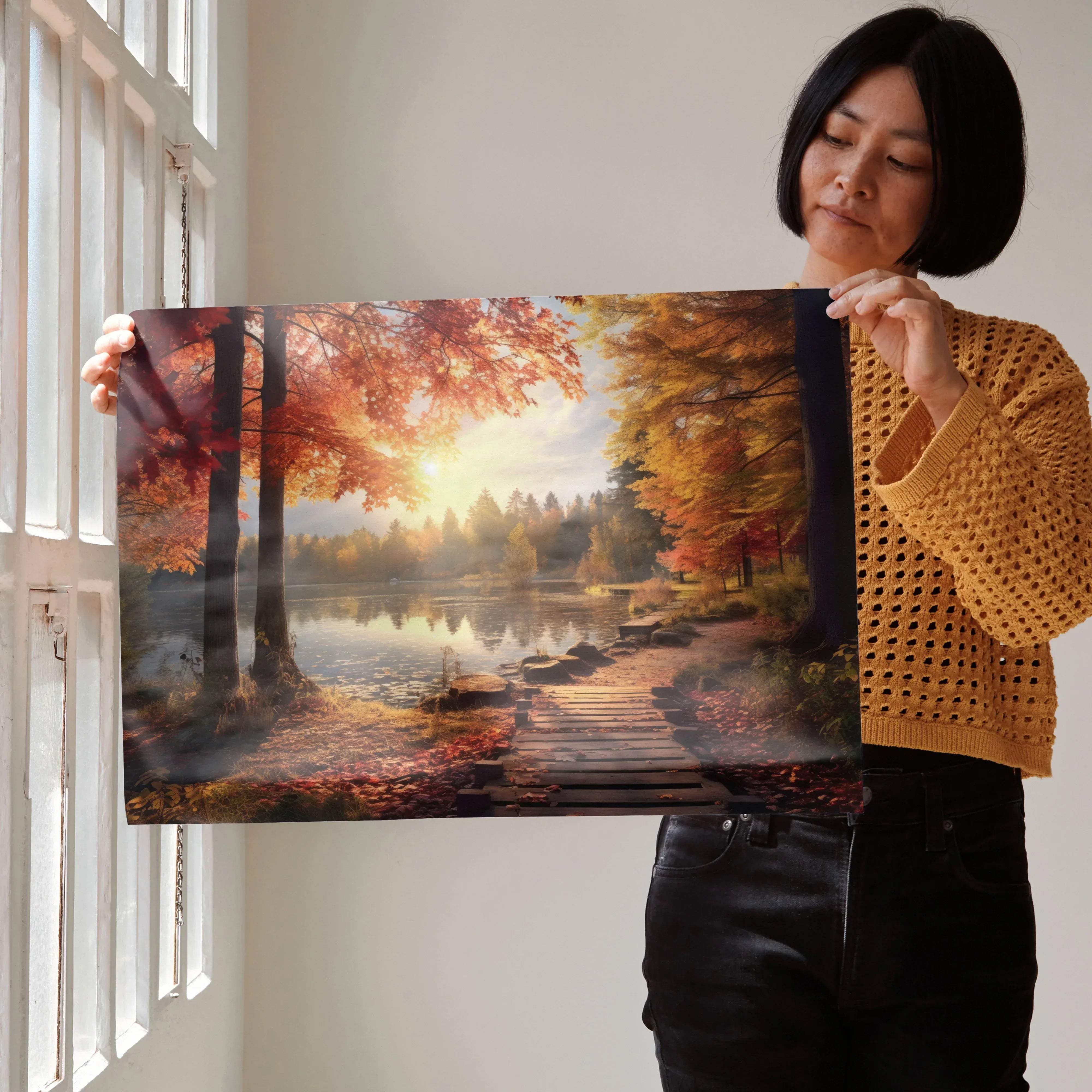 A rectangular canvas print of stunning autumn forest digital art featuring vibrant red and orange foliage by a lake