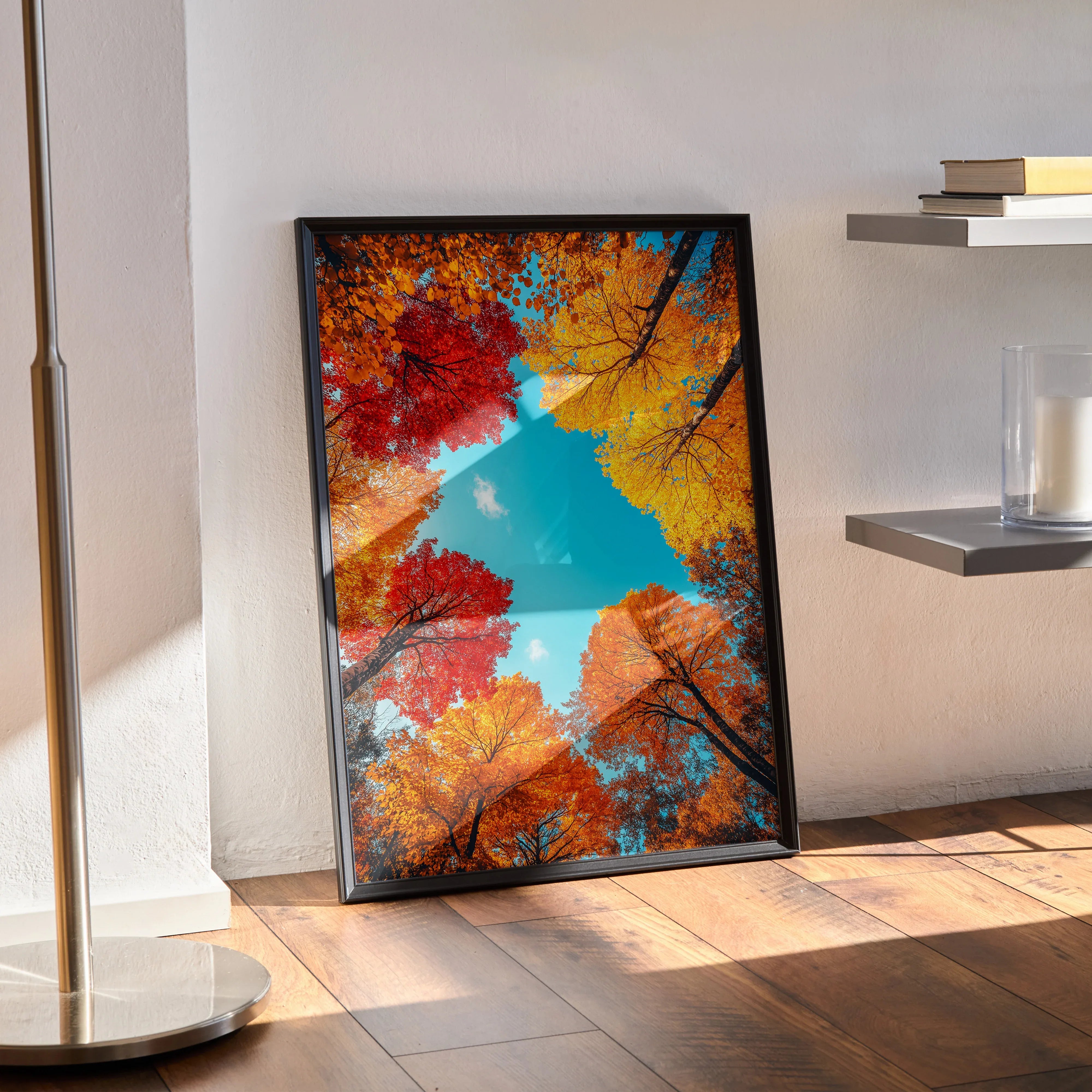 Vibrant autumn forest poster with red, orange, and yellow leaves against blue sky wall art.