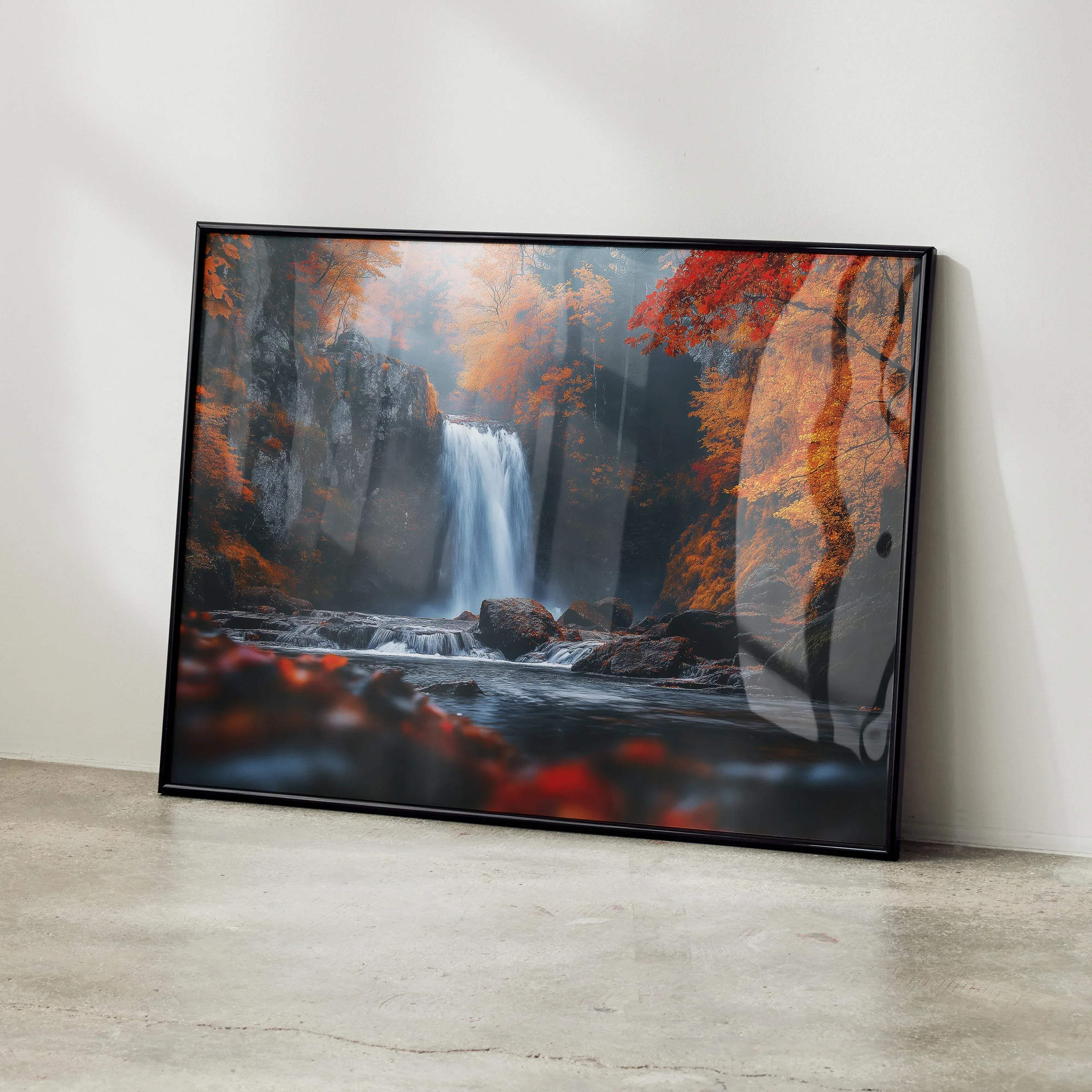 Black-framed canvas print of a vibrant autumn forest waterfall with orange and red foliage digital art poster