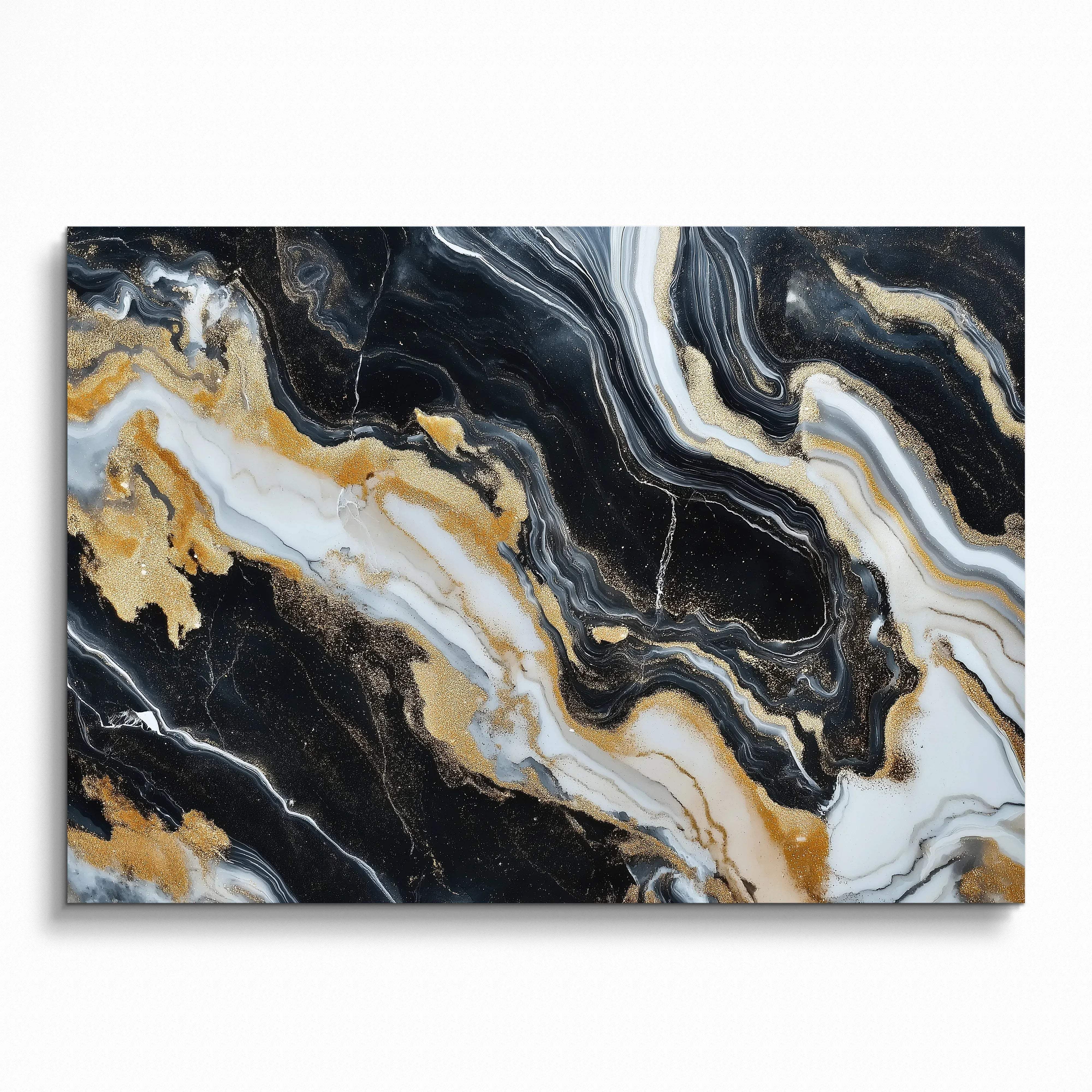 Abstract digital art poster with swirling black, white, and gold marble patterns, vibrant wall art.