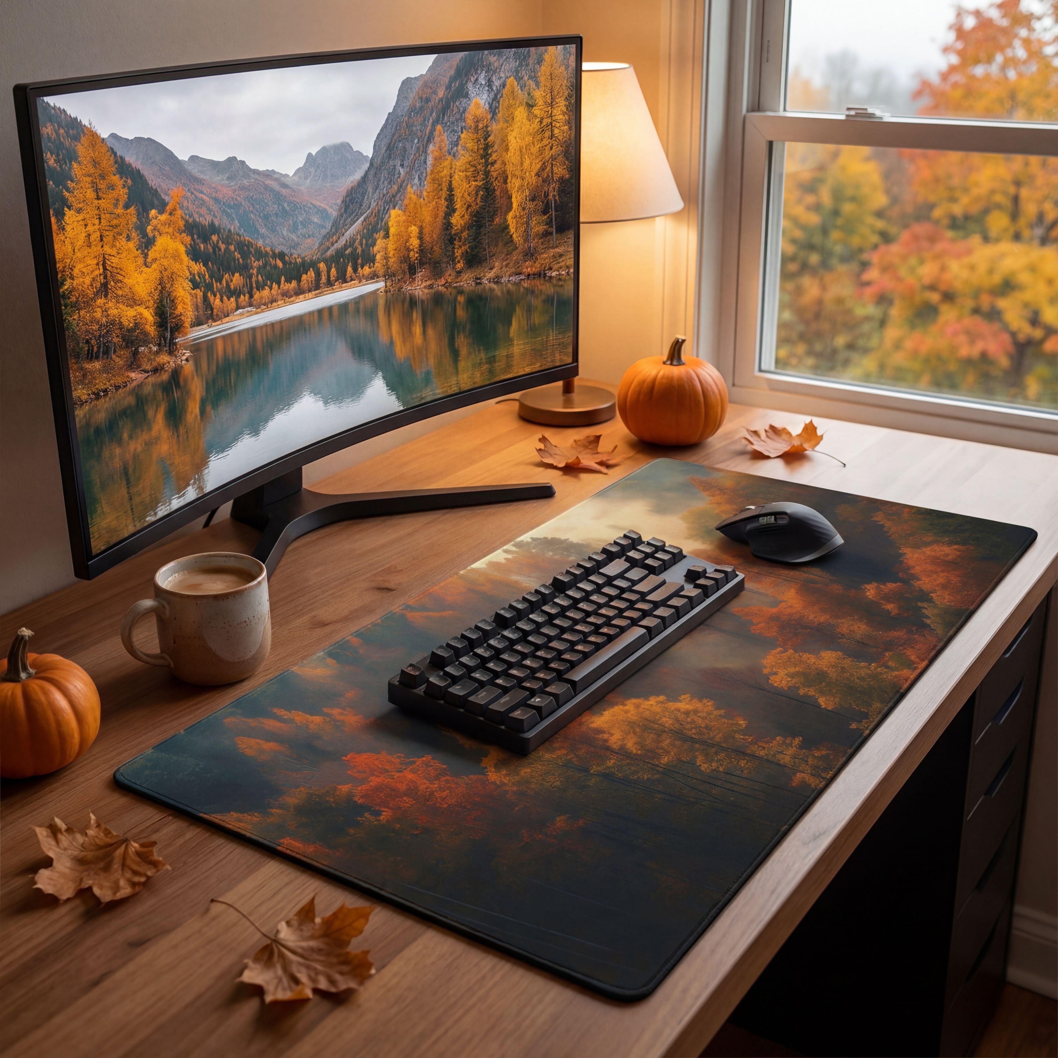Autumn-themed gaming mousepad with a printed landscape of golden trees and reflective water, featuring a dark base color and vibrant orange and brown hues.