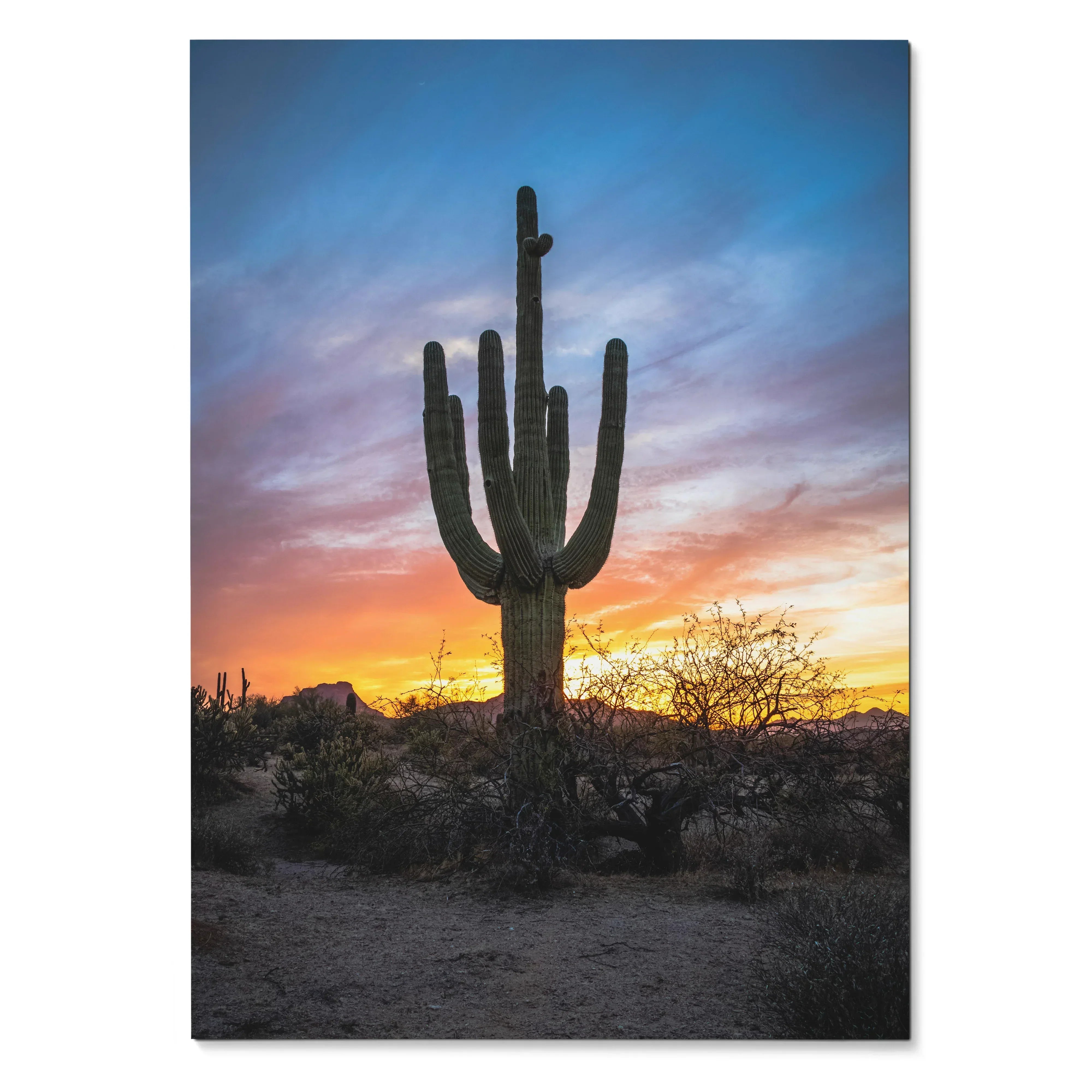 Vertical desert sunset wall art poster featuring a silhouetted cactus against colorful sky.