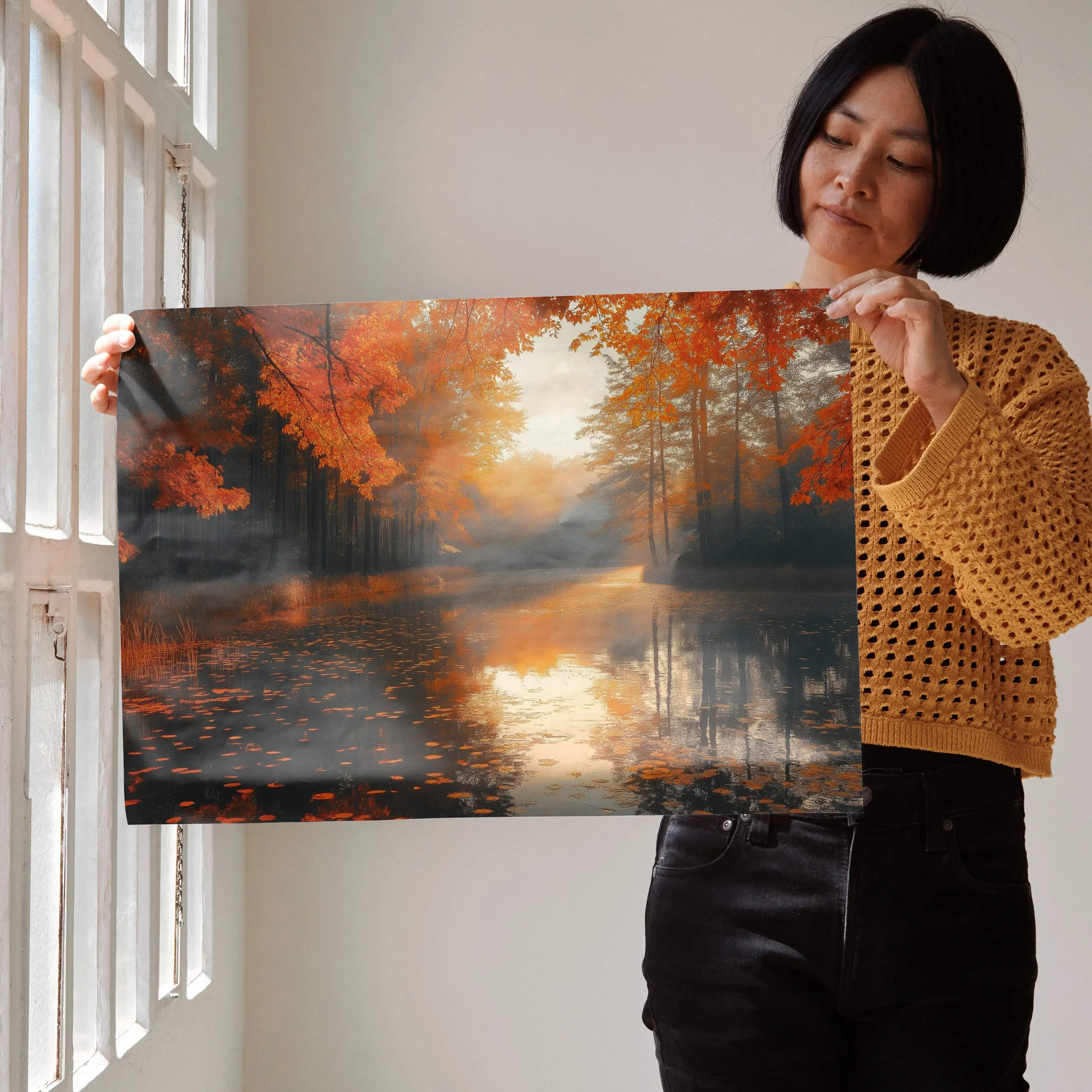 A rectangular canvas print of autumn forest digital art with vibrant orange foliage and misty water reflection for wall decor
