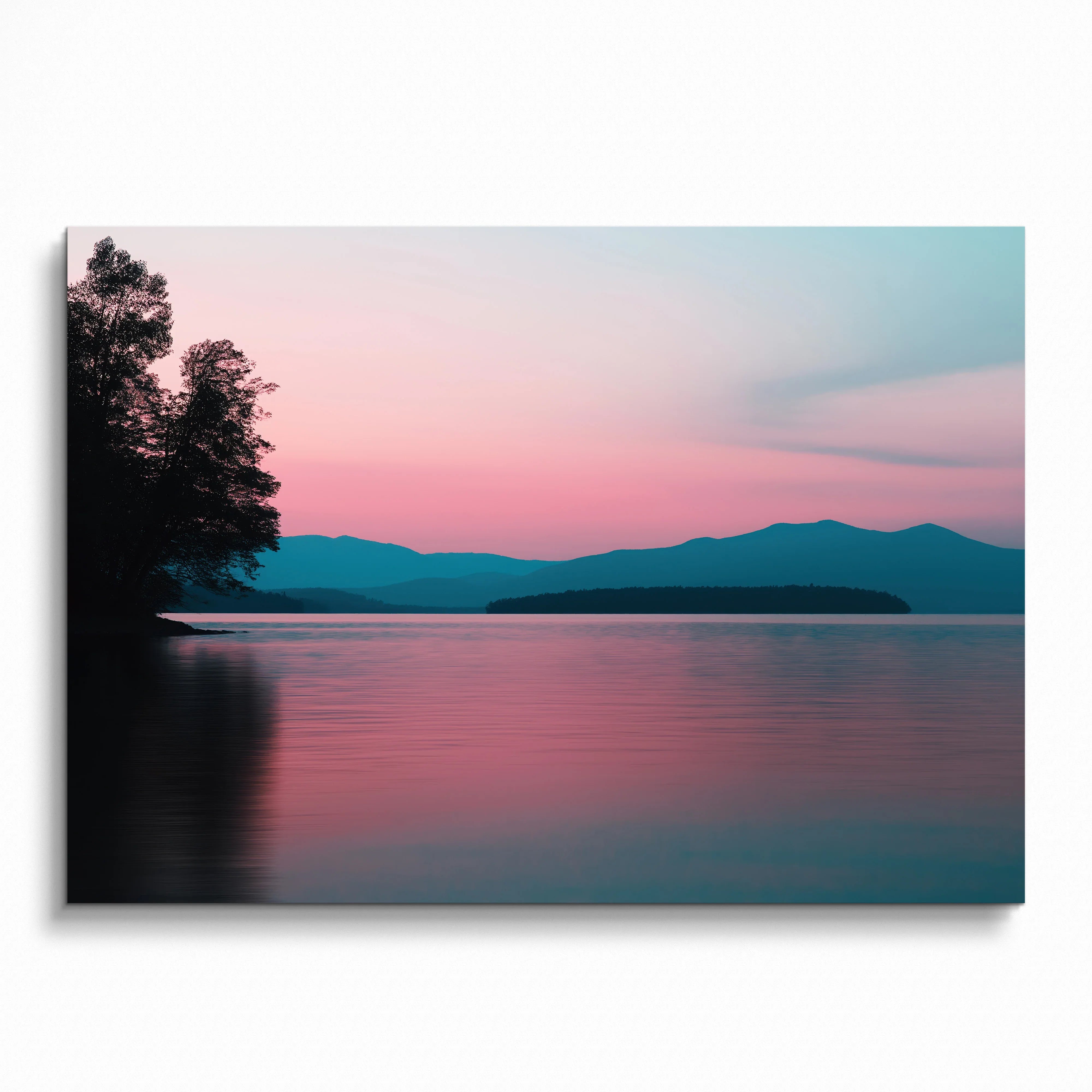 Vibrant forest and mountain digital art poster with pink and blue sunset sky wall art.