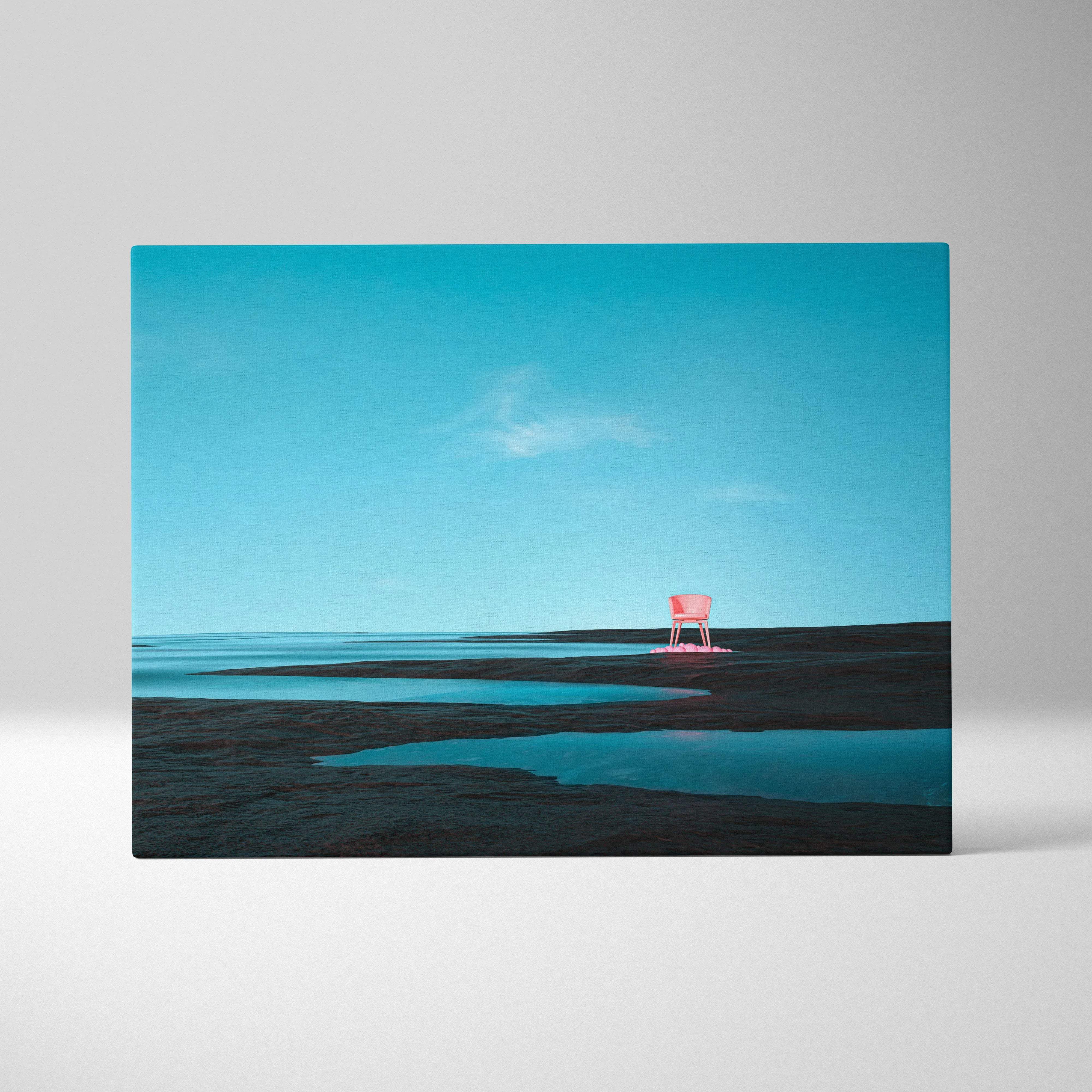 Minimal surreal coastal canvas art: pink lifeguard chair on wet shore under turquoise sky