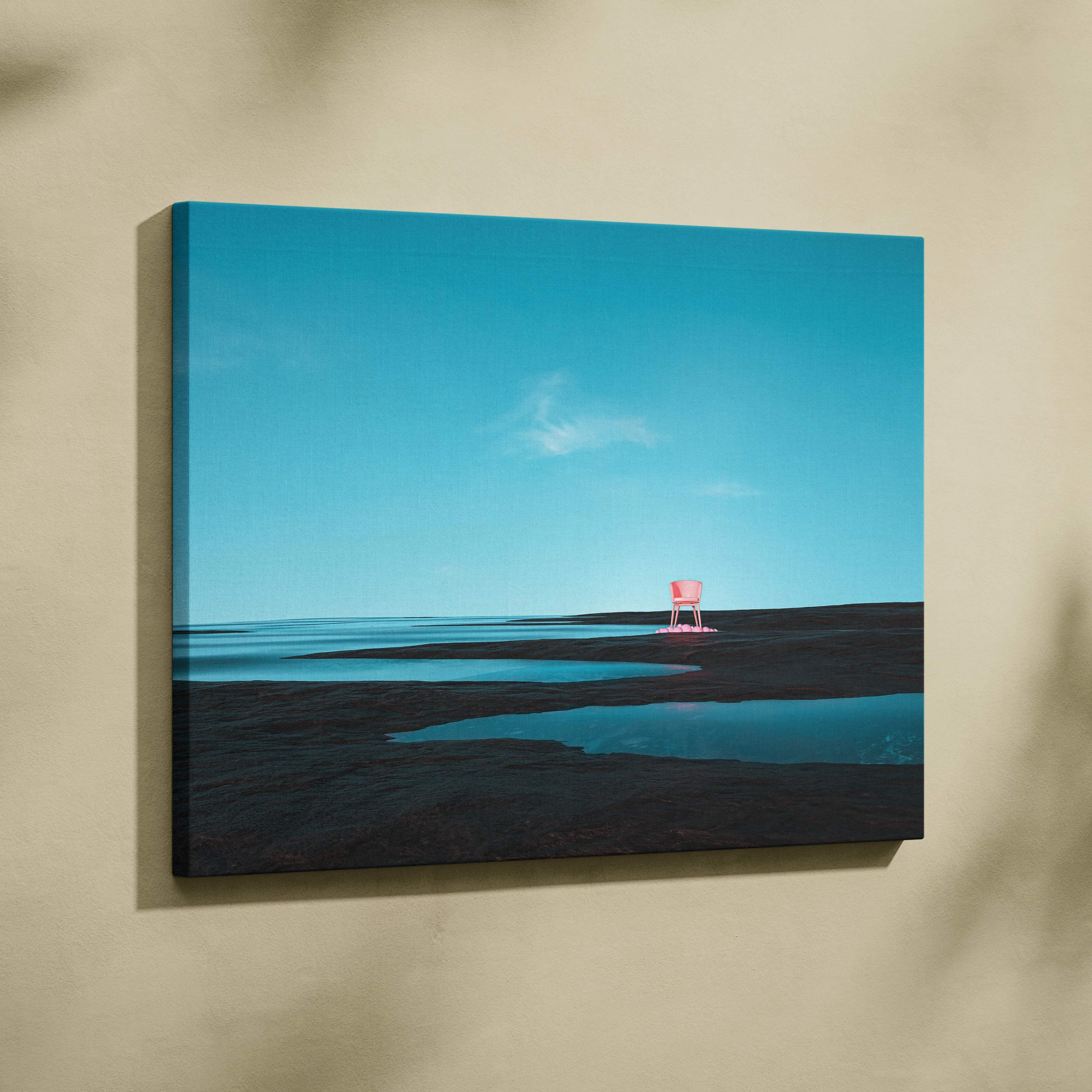Minimal surreal coastal scene: pink lifeguard chair on reflective shore under turquoise sky canvas art