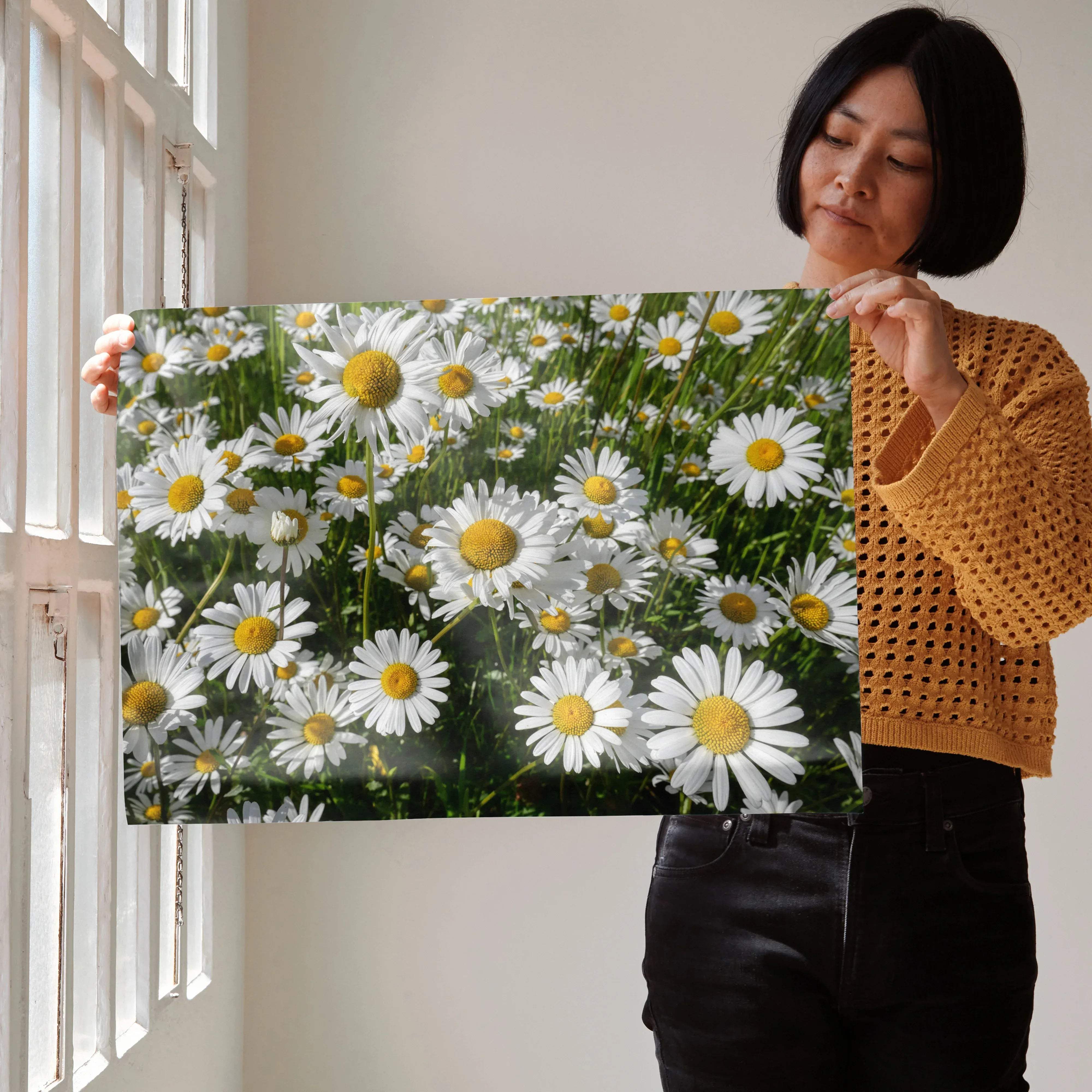 Vibrant floral art print poster featuring a rectangular canvas of white daisies with yellow centers on green grass