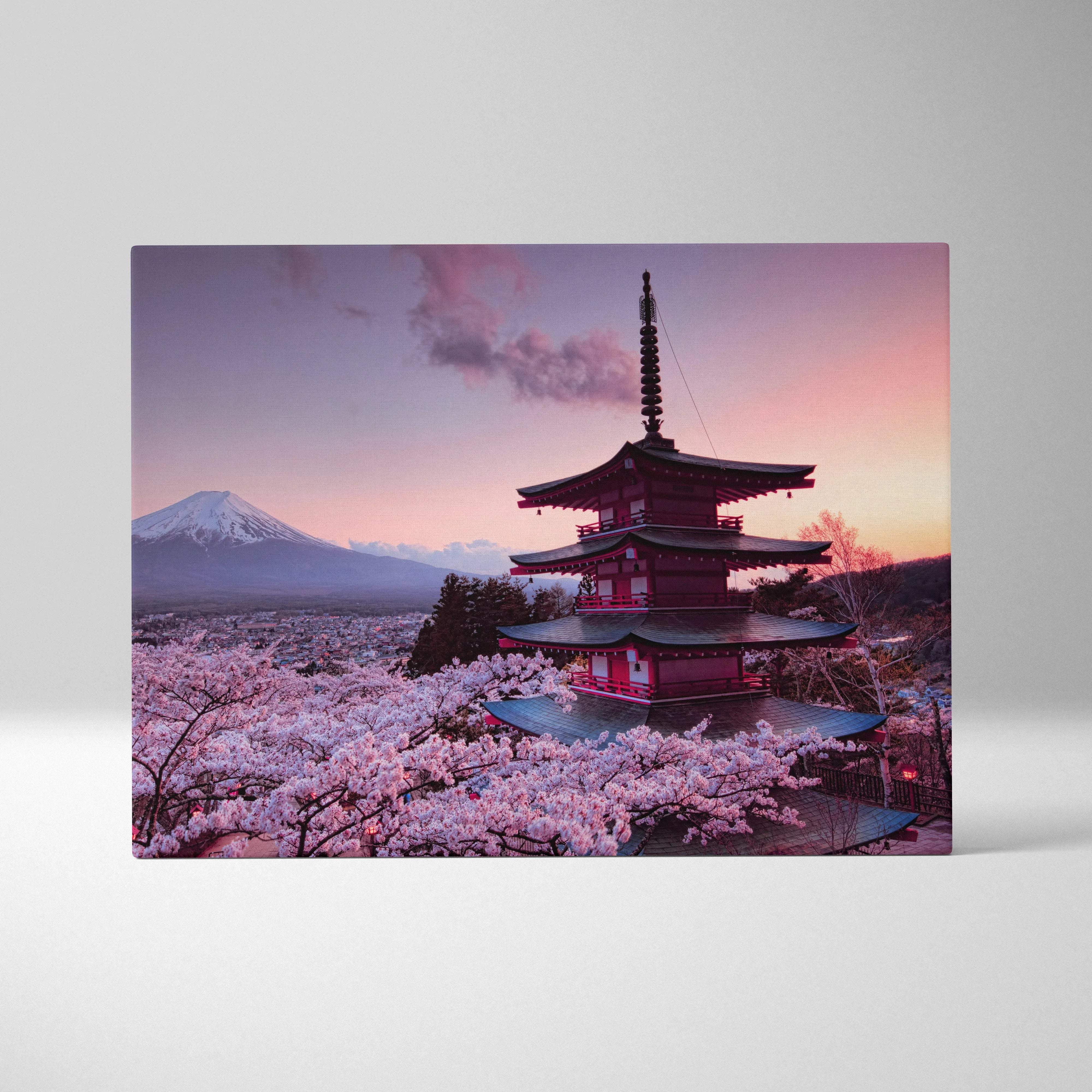 Mount Fuji and Chureito Pagoda at sunset with cherry blossoms canvas art