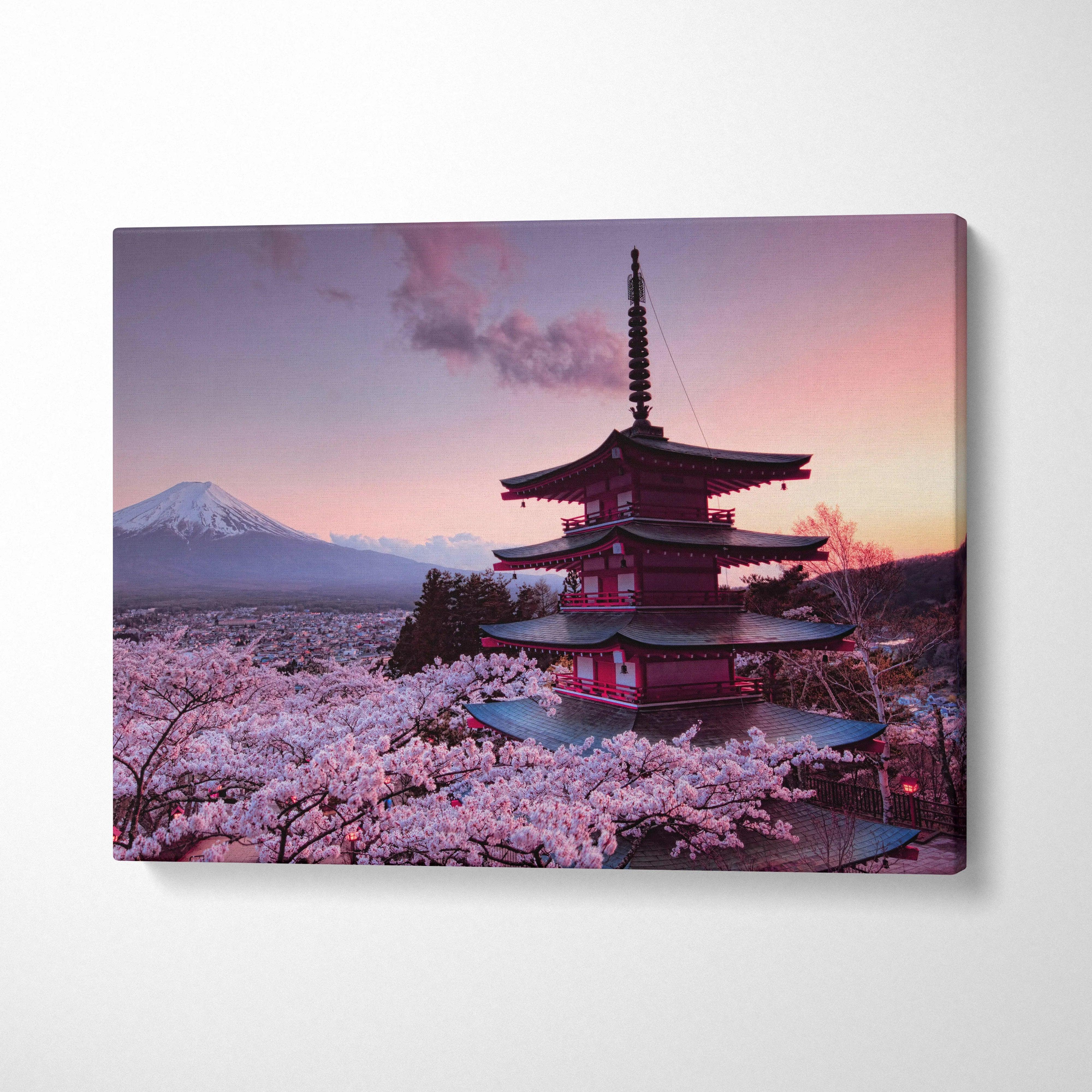 Mount Fuji Chureito Pagoda sunset canvas art with cherry blossoms