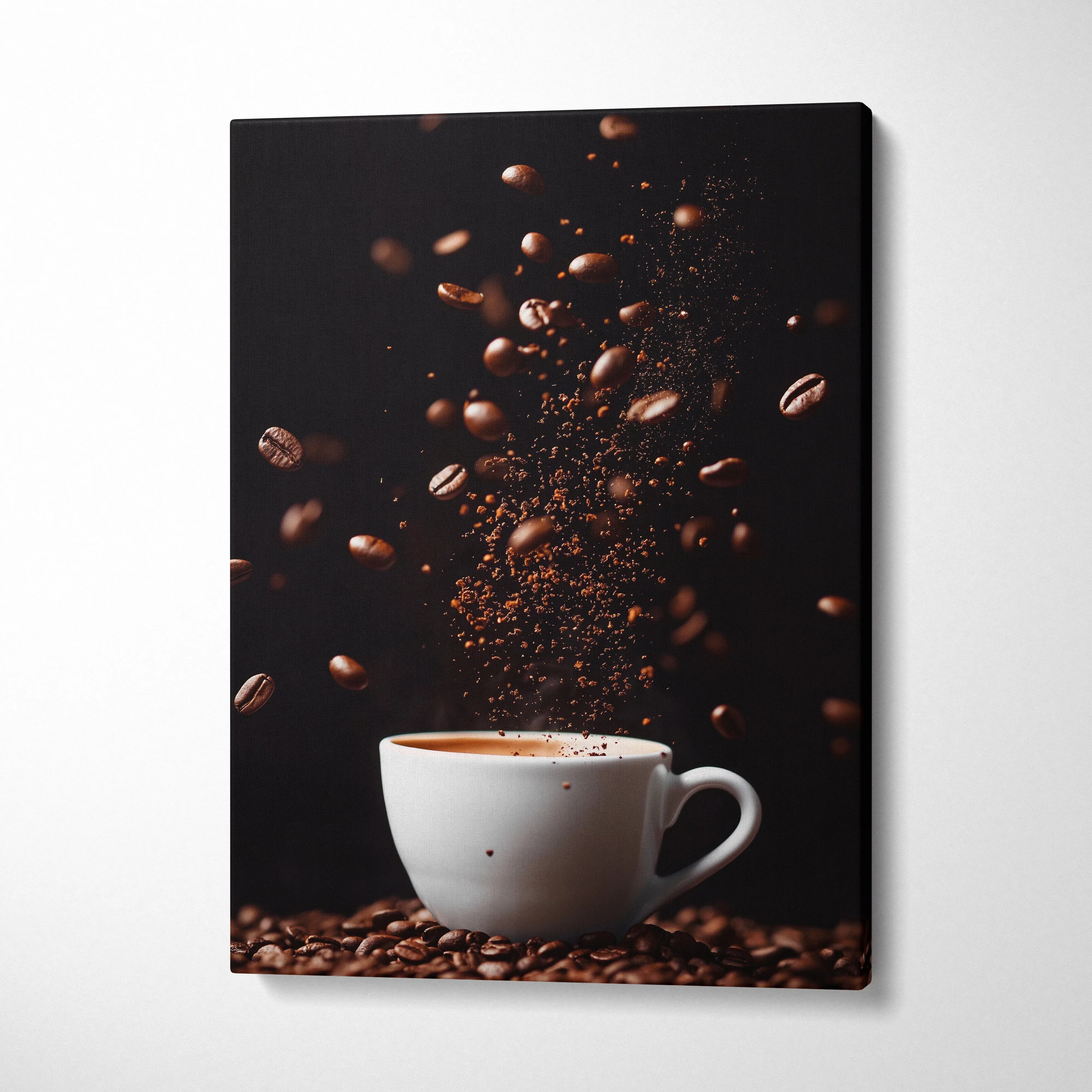 Canvas wall art featuring a white coffee cup with flying coffee beans and grounds on a dark background.