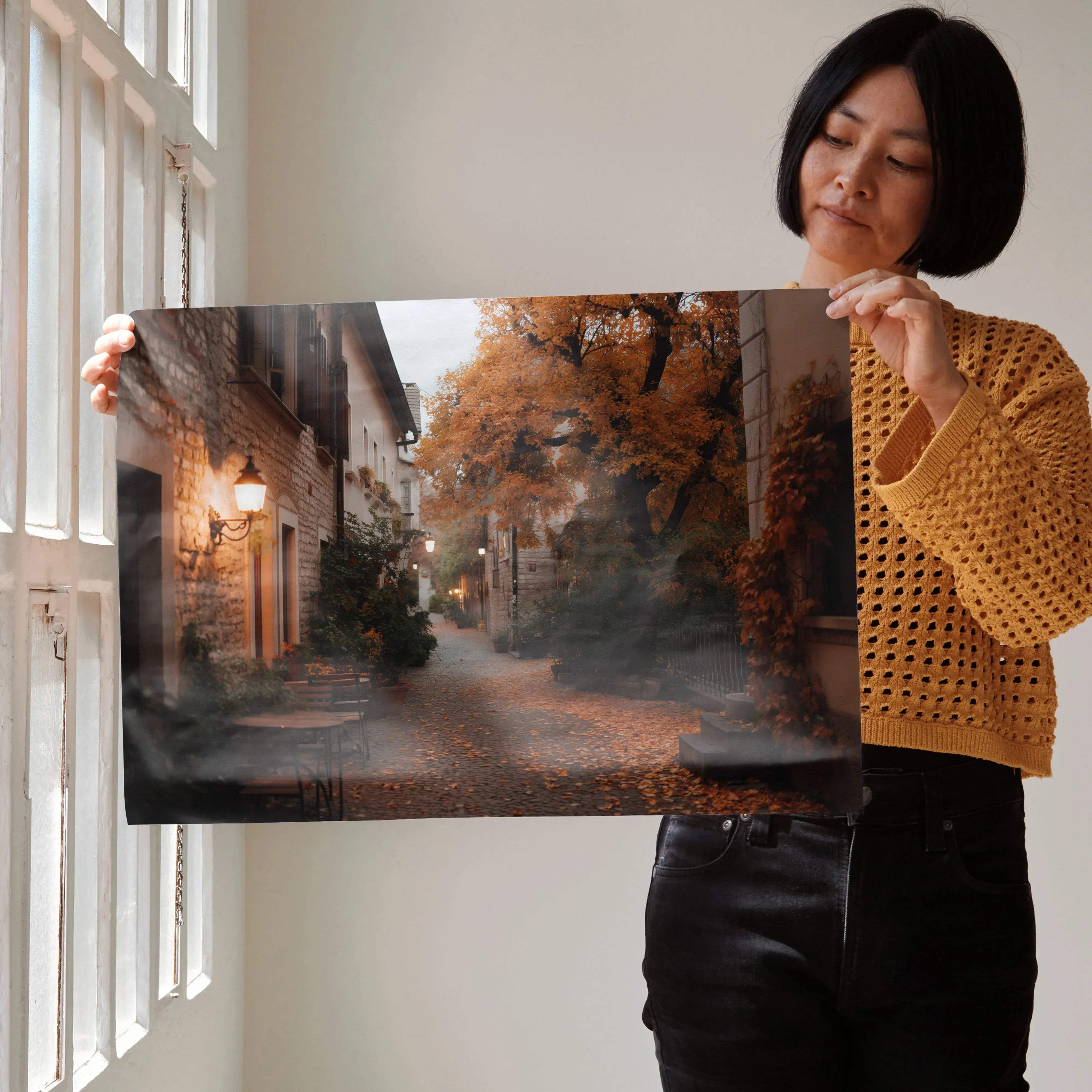 A rectangular canvas print featuring vibrant autumn nature digital art of a misty golden tree alleyway with lantern light
