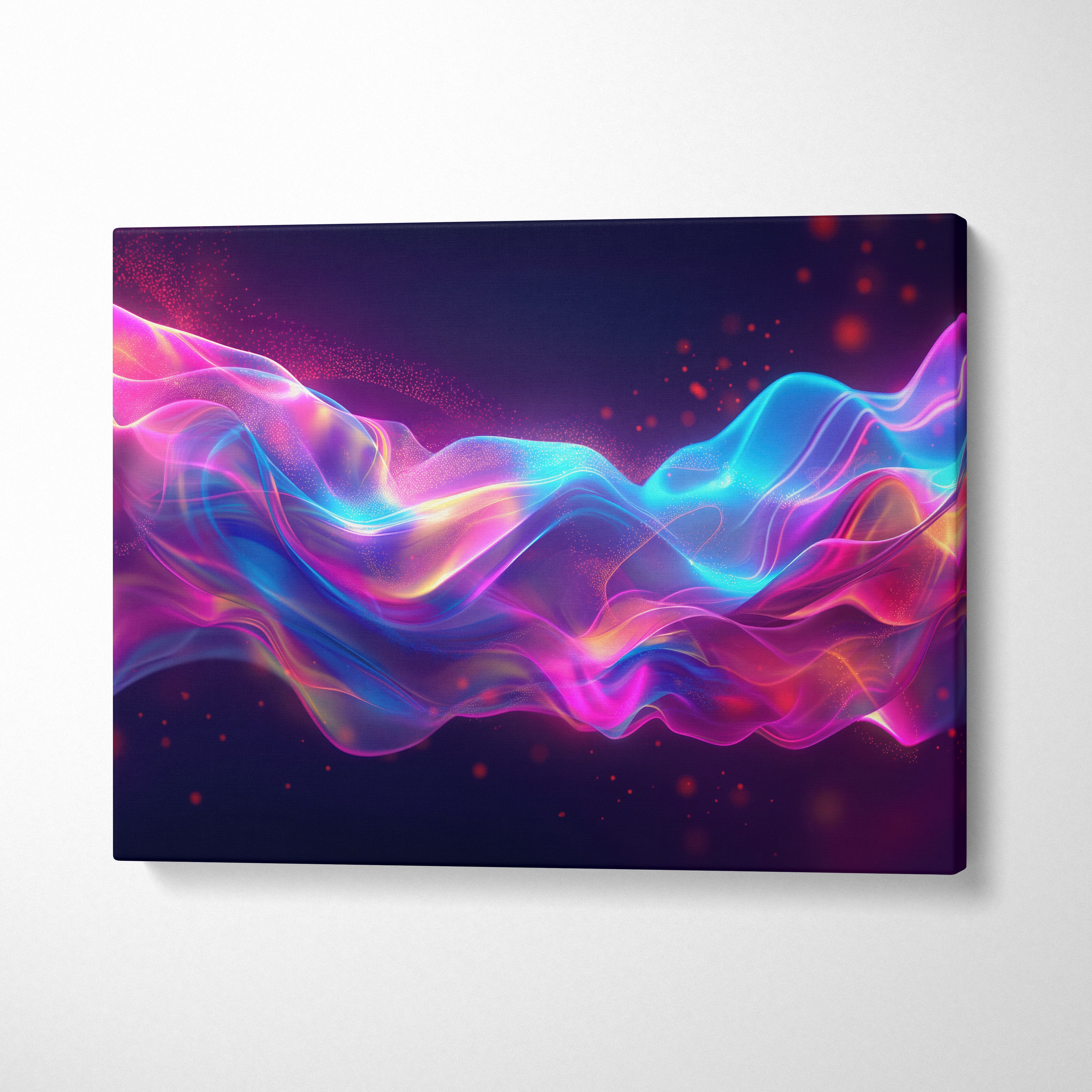 Abstract vibrant neon waves in pink and blue on a dark background canvas wall art print.