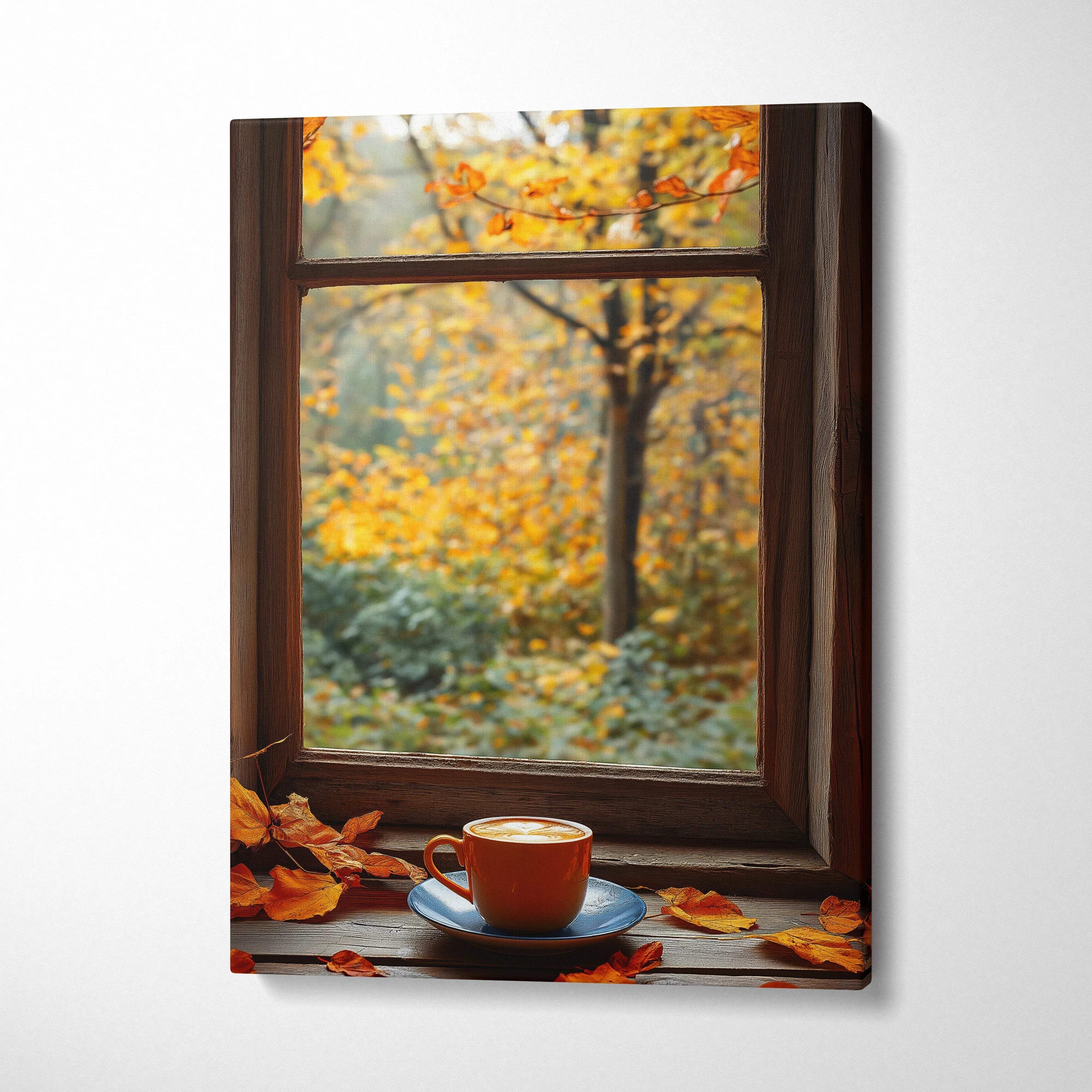 A warm orange ceramic coffee cup with frothy top on a blue saucer among autumn leaves by rustic wood window frame canvas wall art