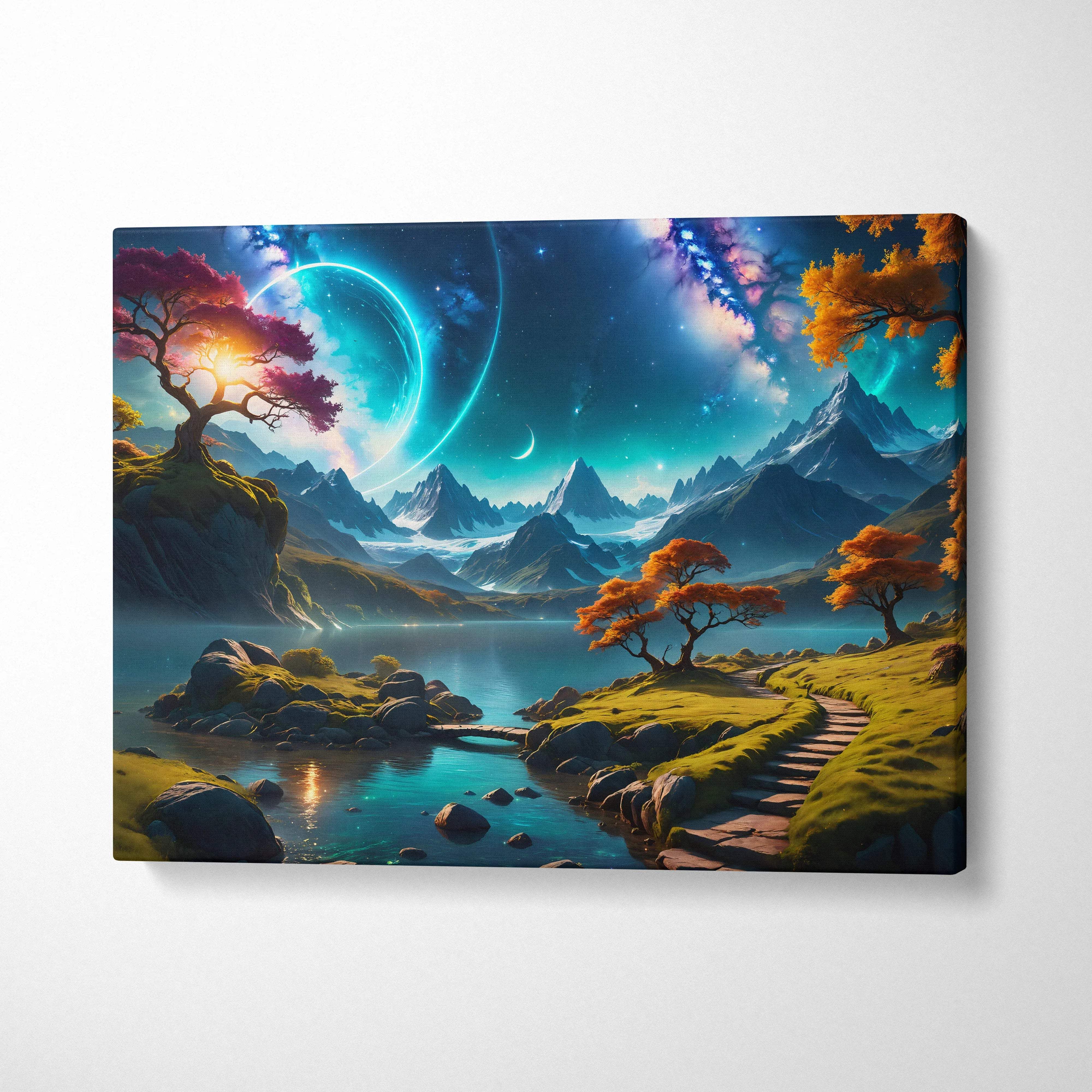 Epic fantasy canvas wall art of glowing blue ringed planet over teal emerald mountains and lakes