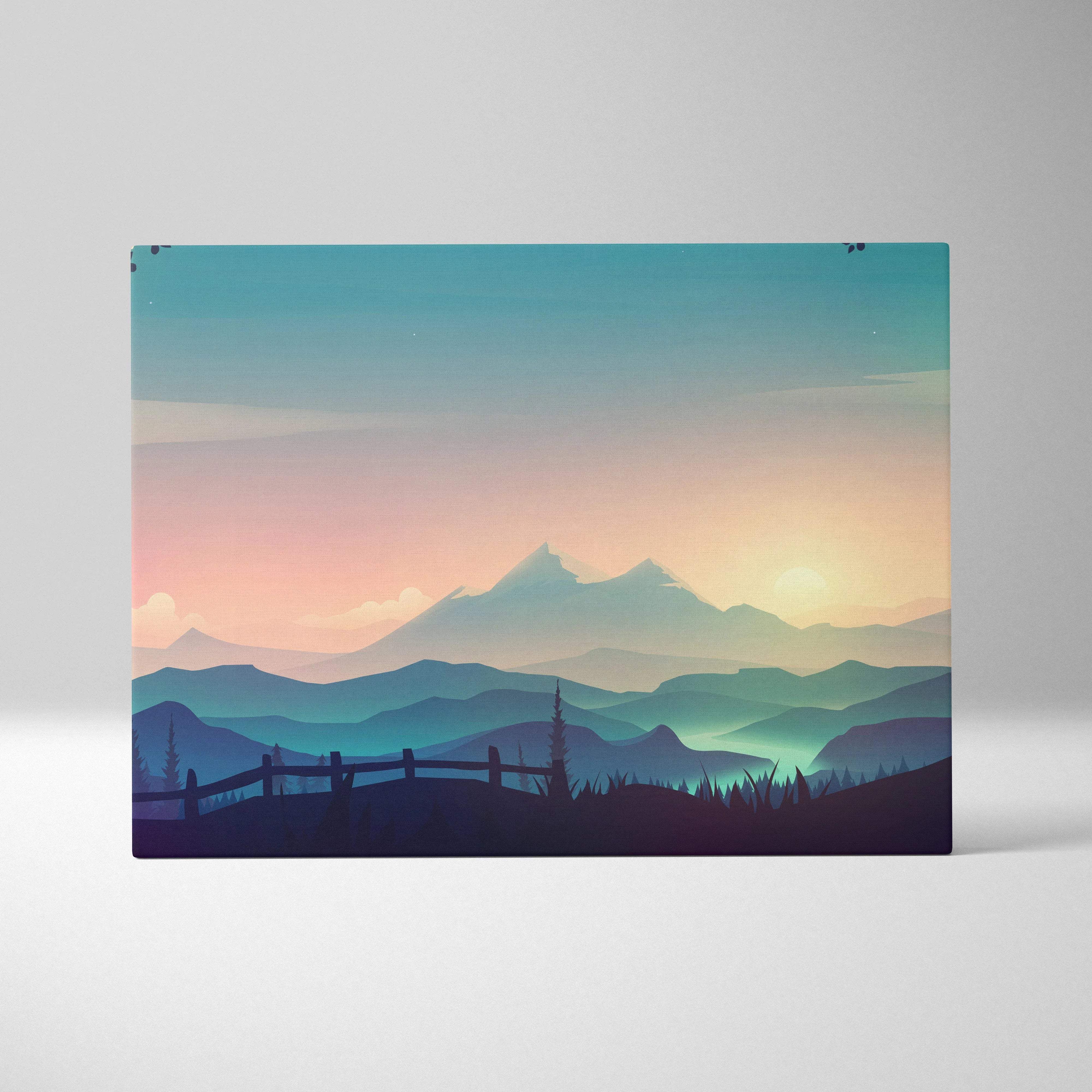 Stylized mountain landscape canvas art with misty valley at sunrise in teal pastel pink hues