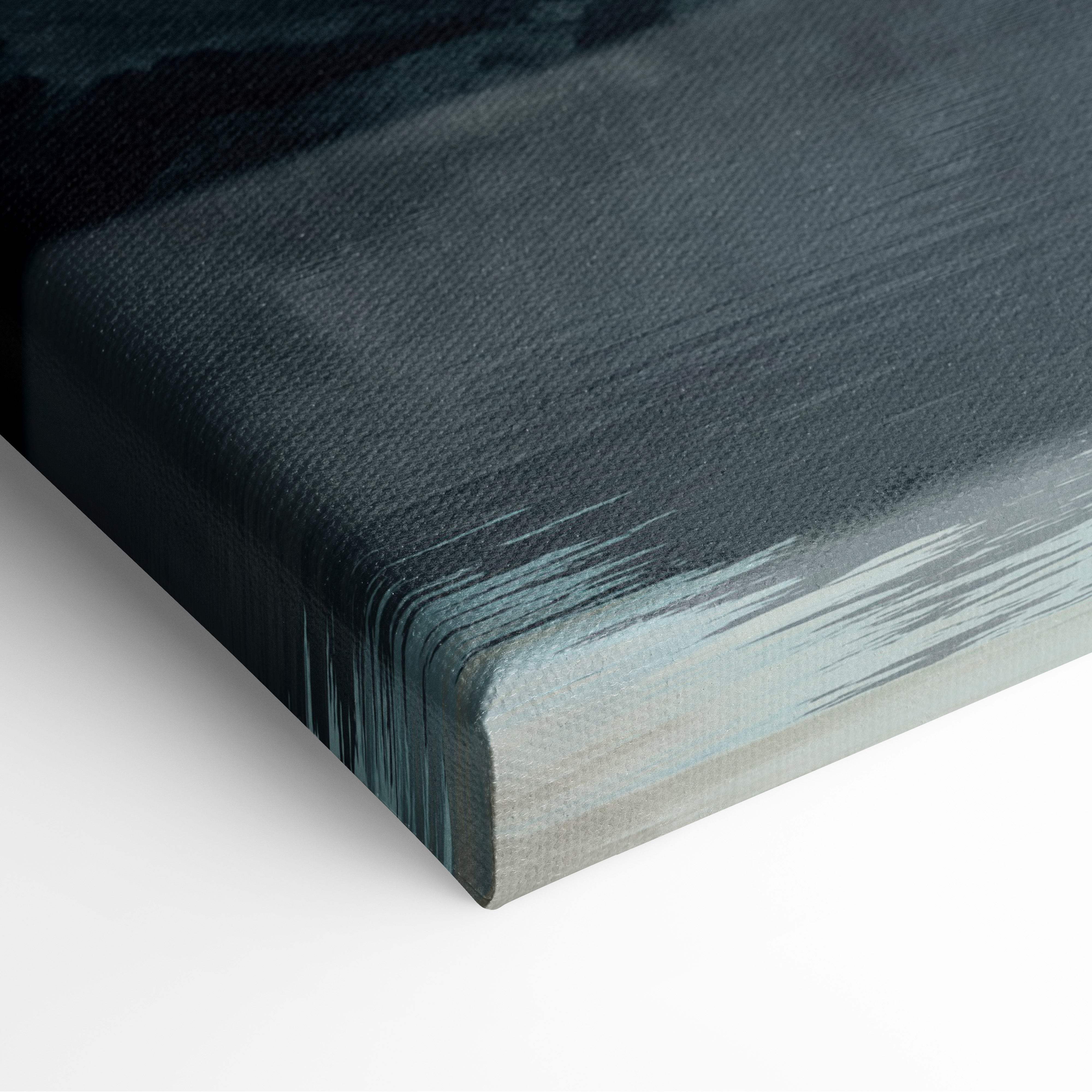 Storm over silent lake canvas art with dark blue textured brushstrokes and teal gradient for moody wall decor