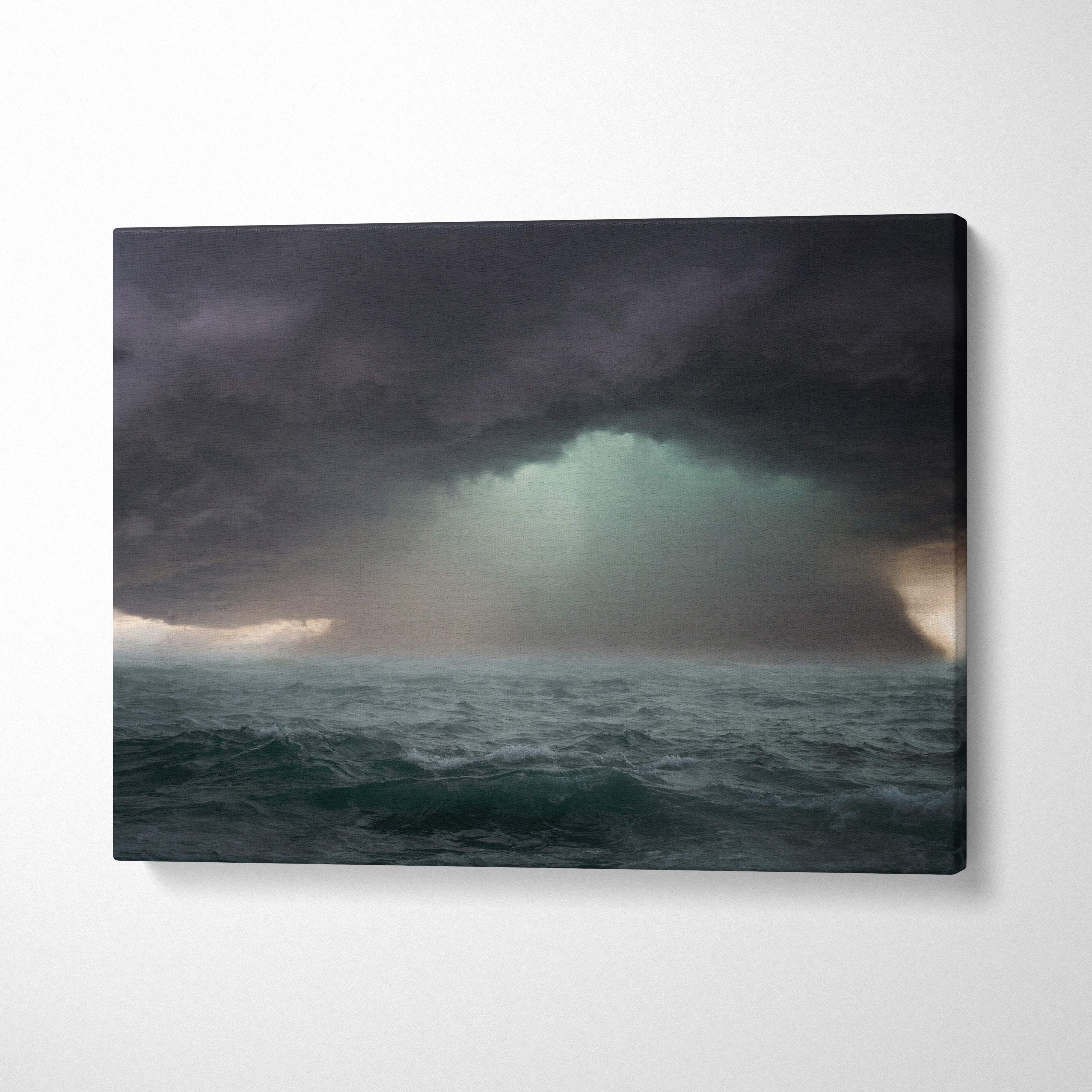 Dark ocean storm canvas art featuring a turbulent sea under heavy clouds with dramatic greenish light breaking through
