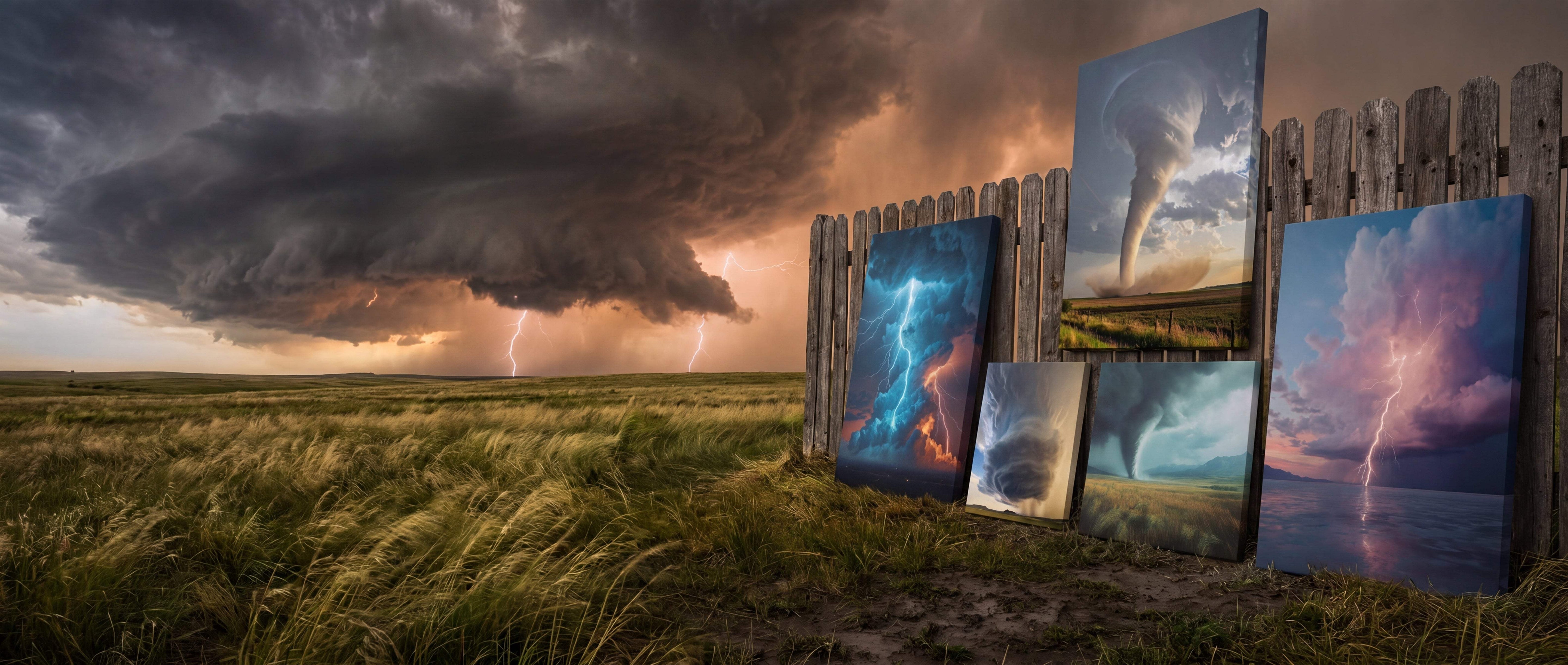 Stormy sky with dark, swirling clouds and a distant lightning bolt illuminating the horizon above a grassy field.