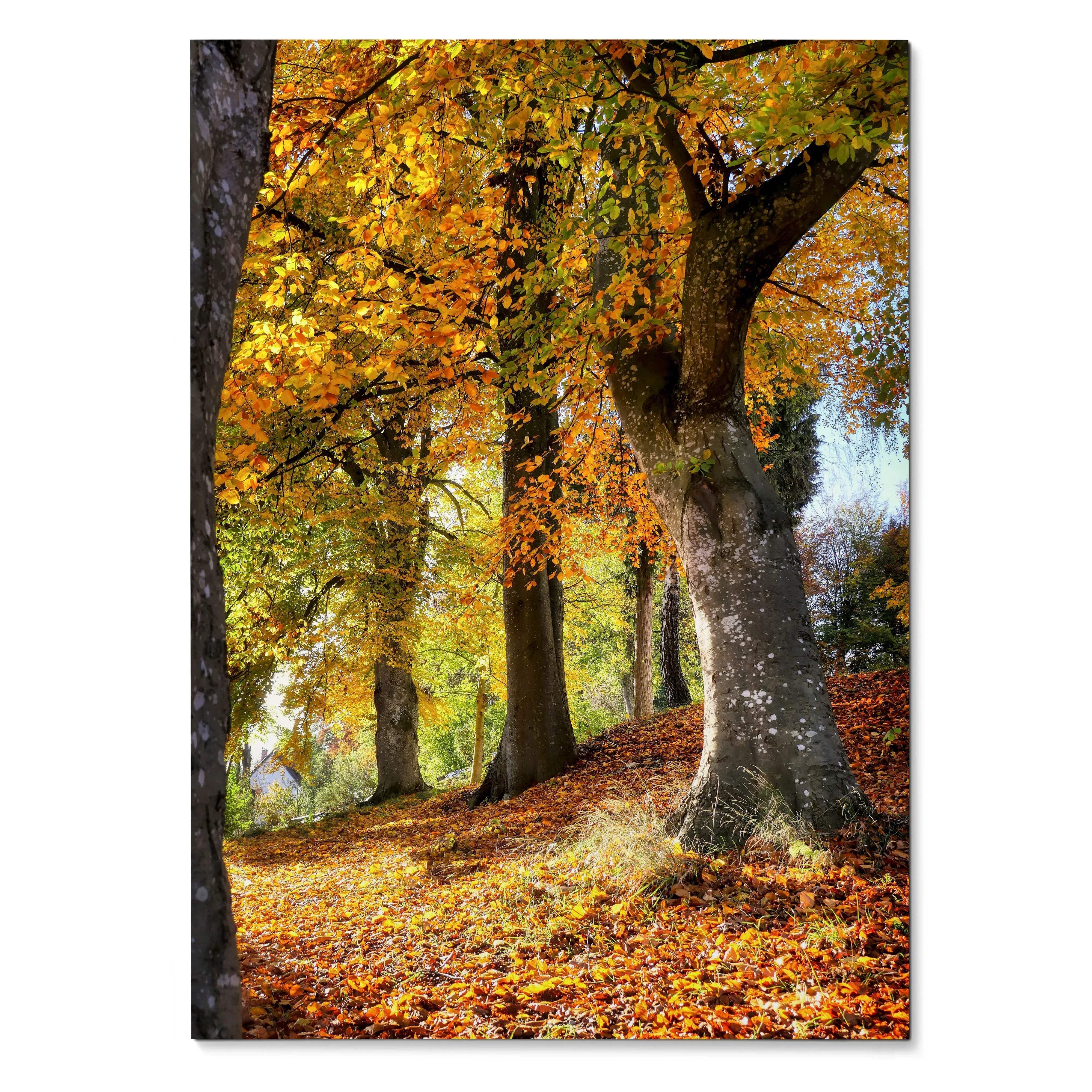 Vertical autumn forest wall art poster with golden leaves and tall tree trunks.