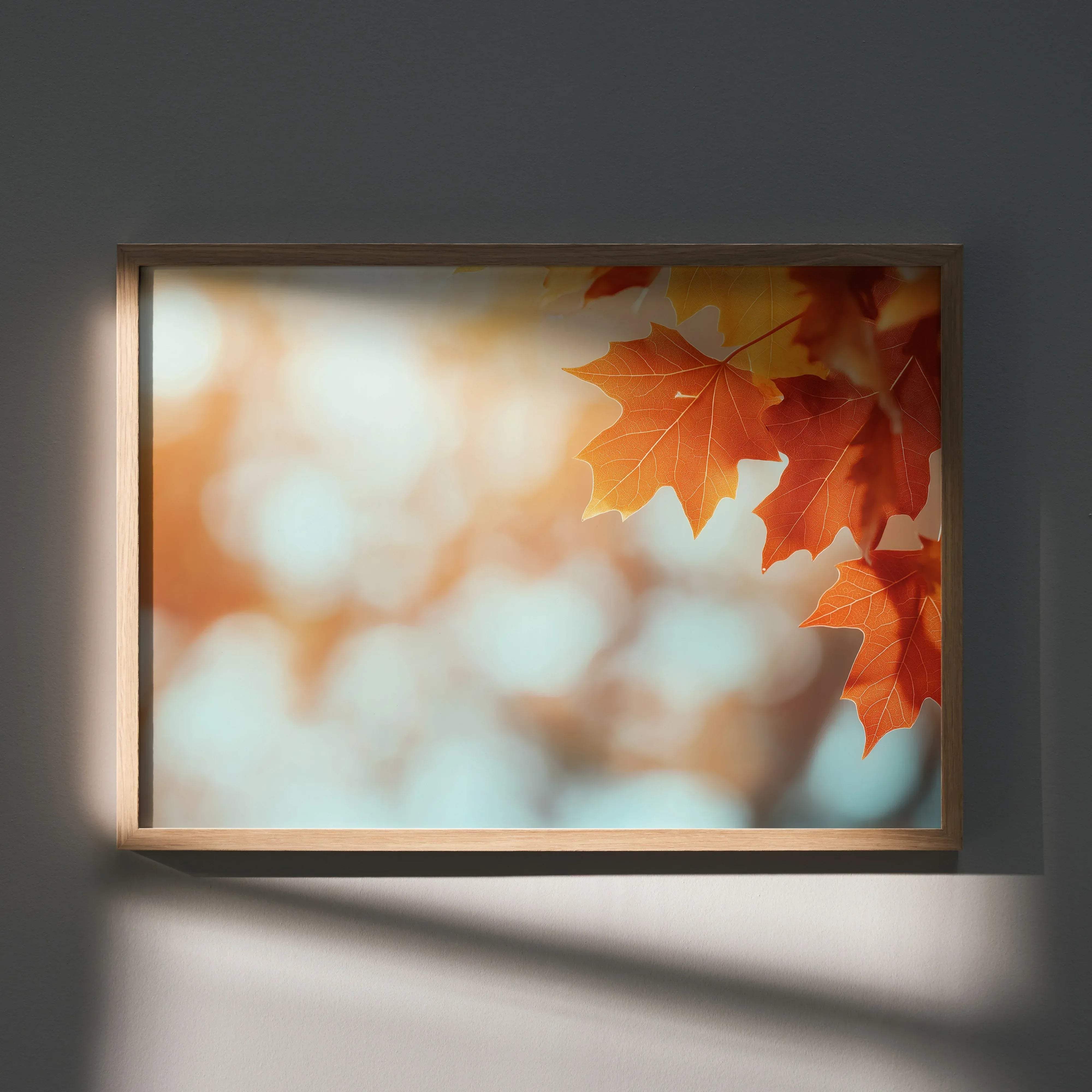 A rectangular digital art poster featuring vibrant orange and red maple leaves with a light wood frame