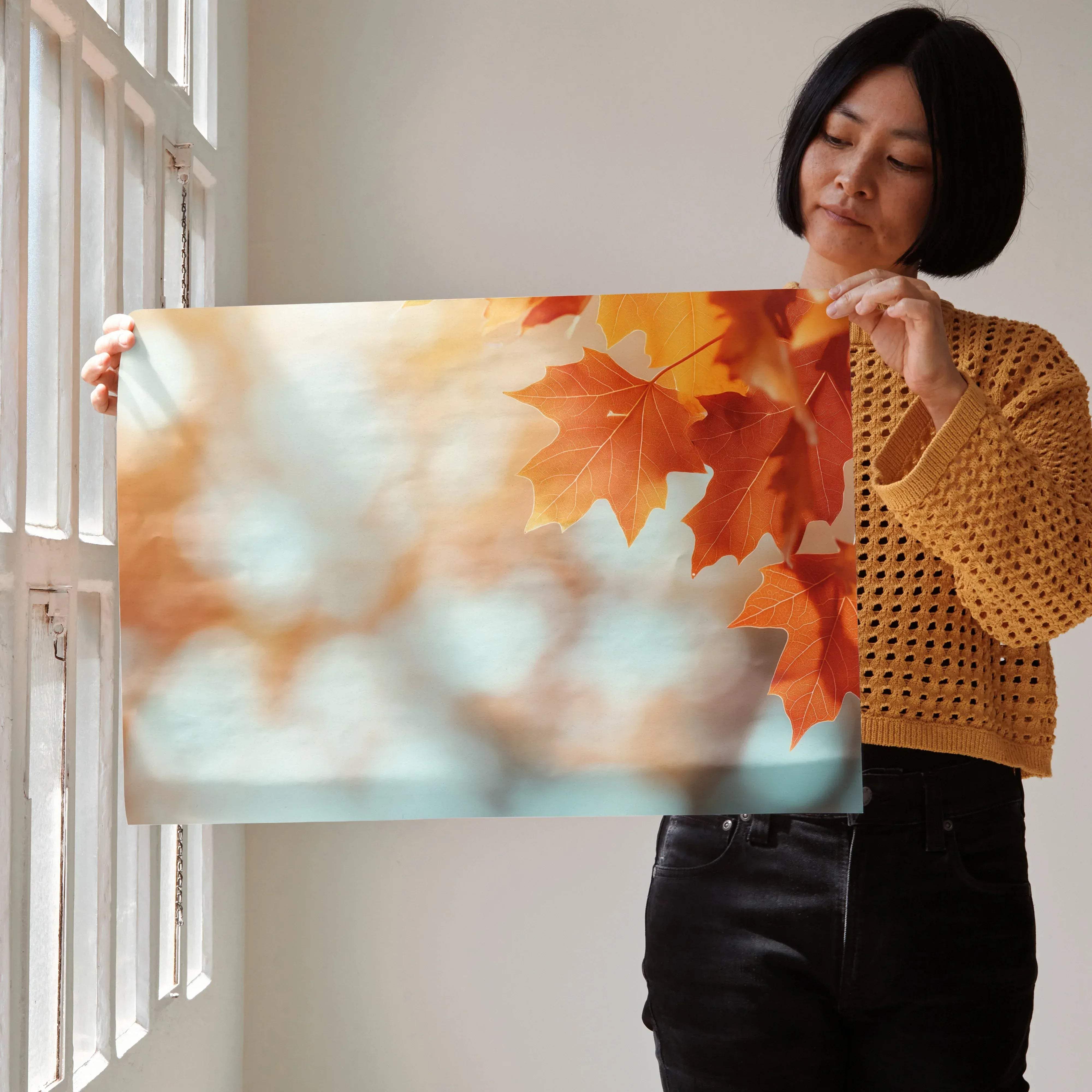 A rectangular digital art poster featuring vibrant orange and red maple leaves with a warm autumn background