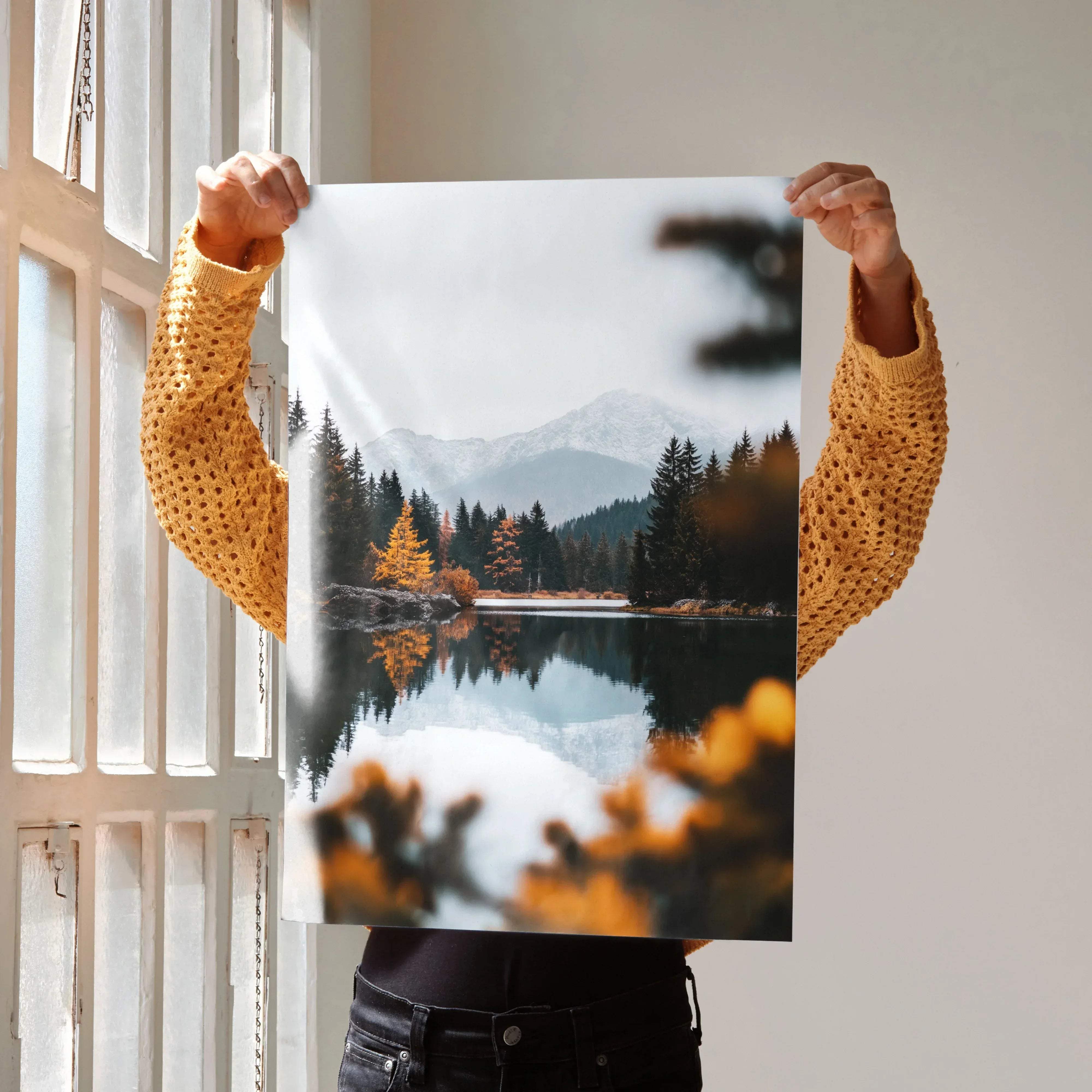 Vibrant autumn forest nature art print poster featuring a serene lake reflecting snow-capped mountains and colorful trees