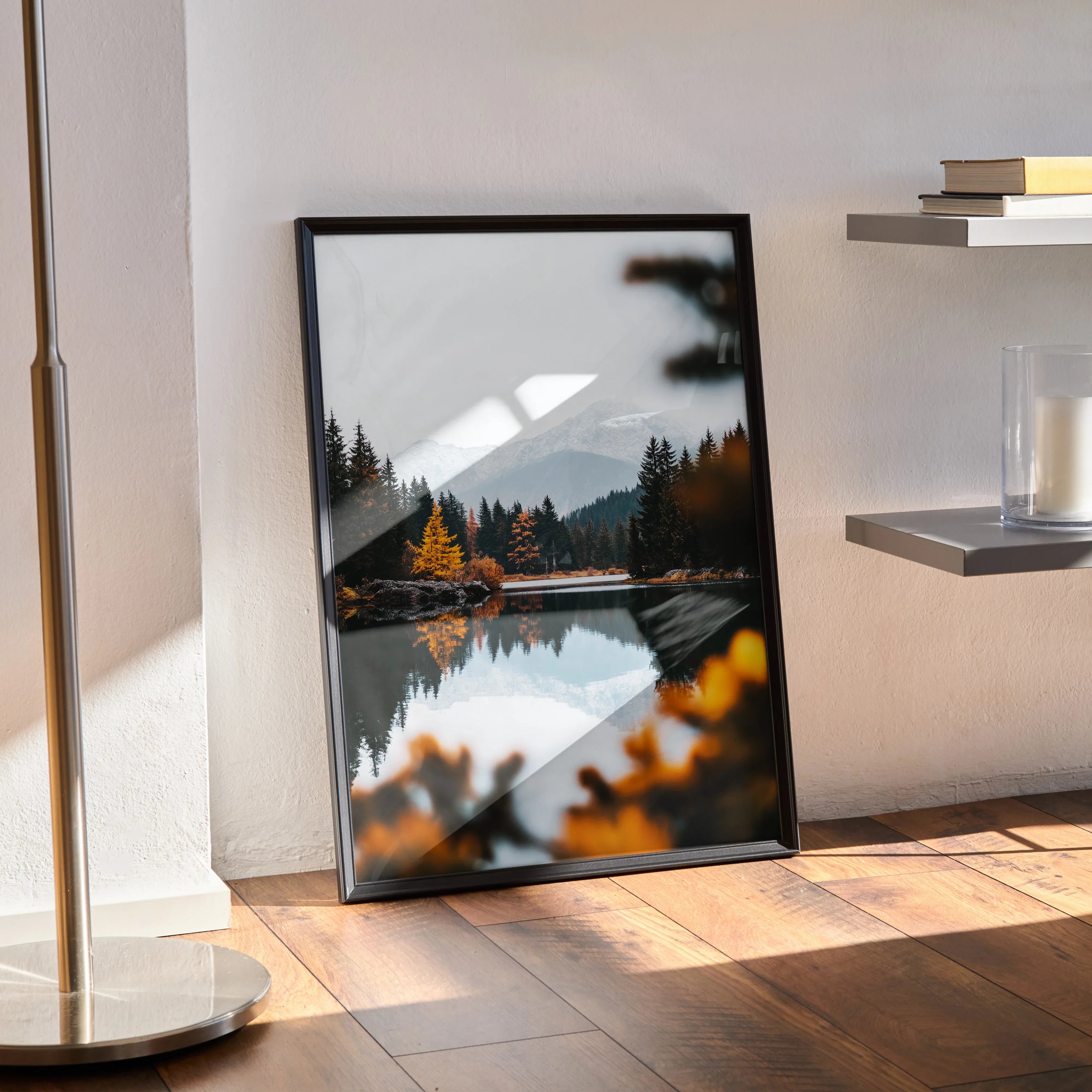 Vibrant autumn forest poster with colorful trees and reflective lake wall art in black frame.