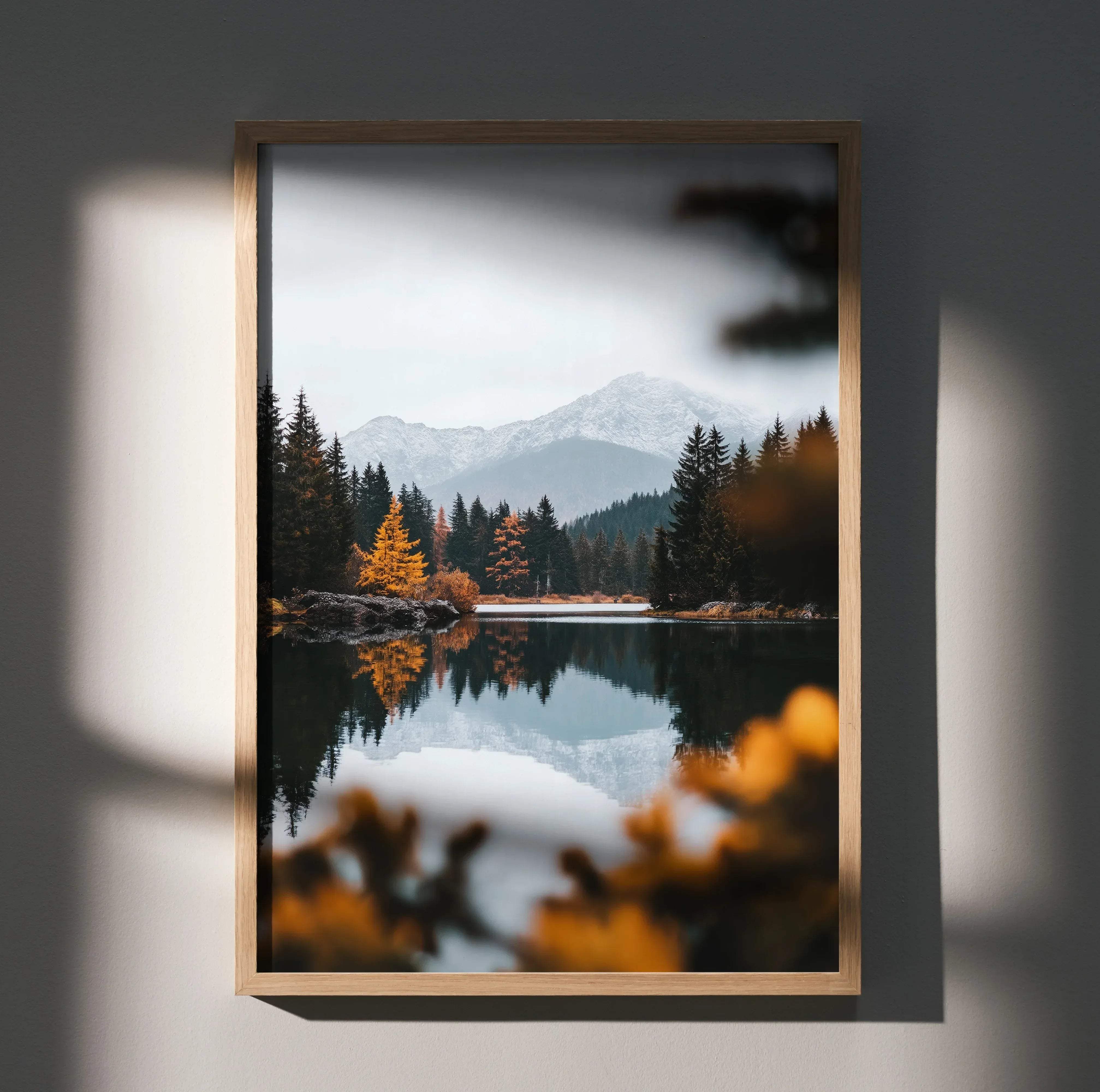 Vibrant autumn forest nature art print poster featuring a wooden-framed landscape of golden foliage lake and snow-capped mountains