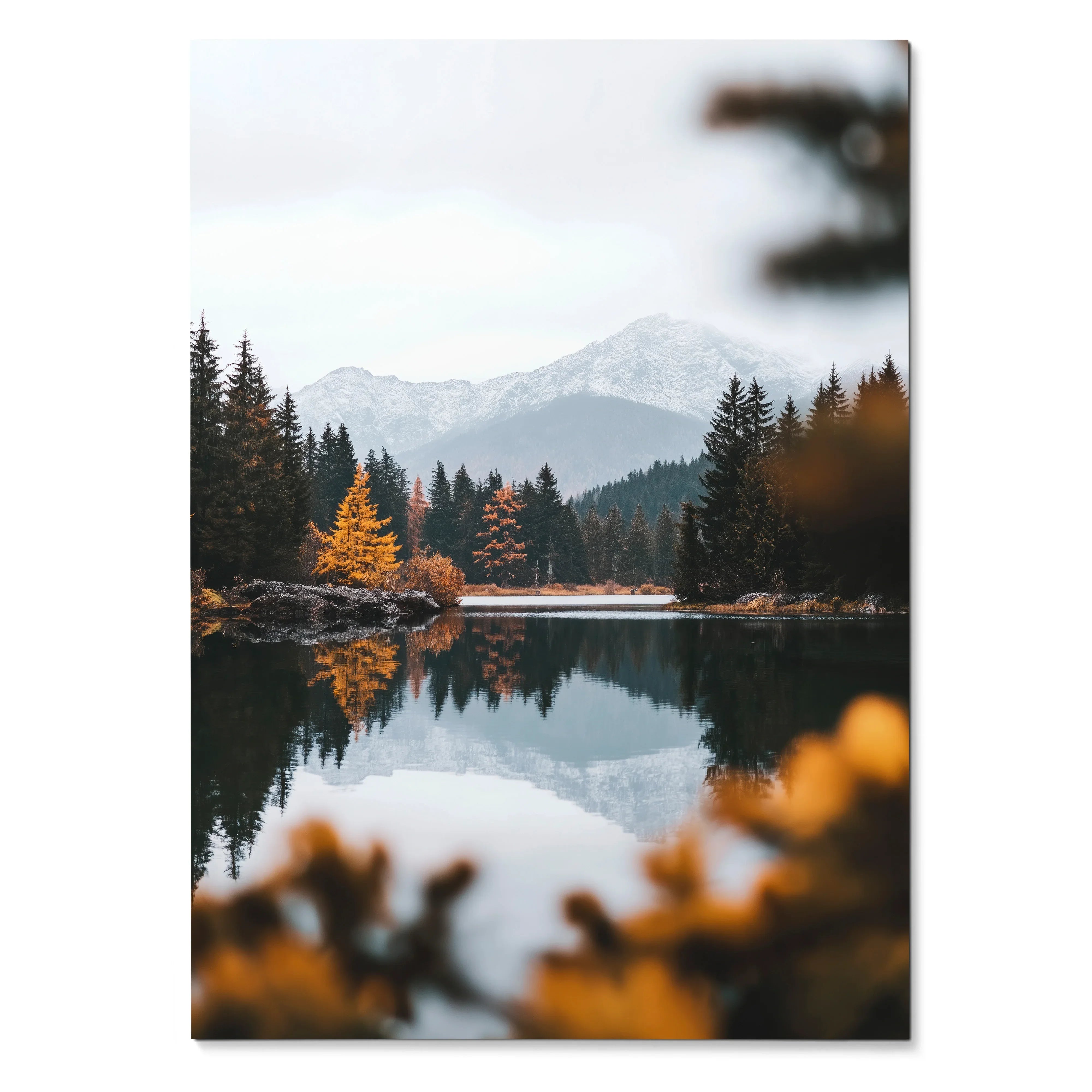 Vertical autumn forest poster with colorful trees and mountain reflection wall art.