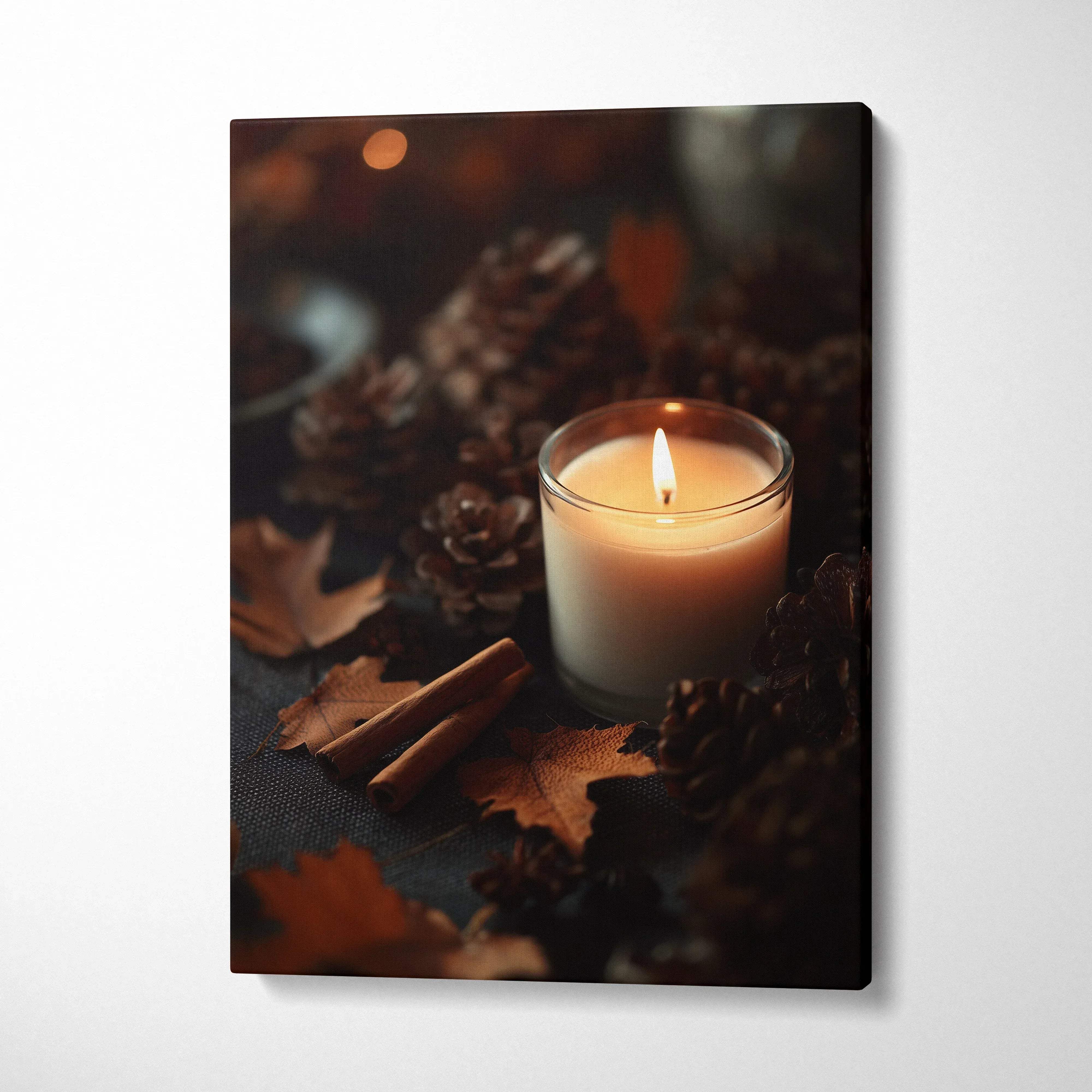 Canvas wall art featuring a lit candle surrounded by autumn leaves, pinecones, and cinnamon sticks.