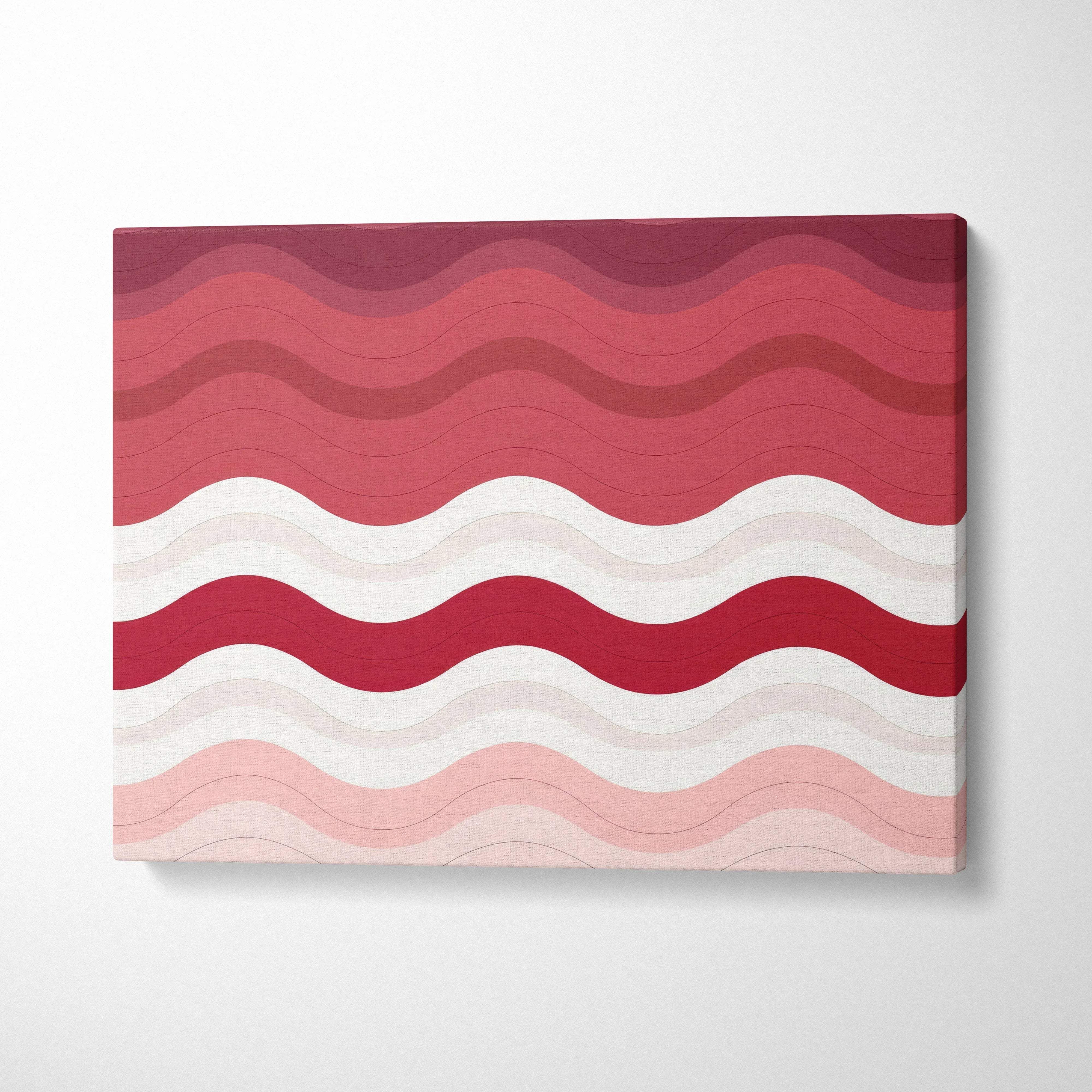 Abstract digital art canvas wall art with layered wavy stripes in shades of red, pink, and white.
