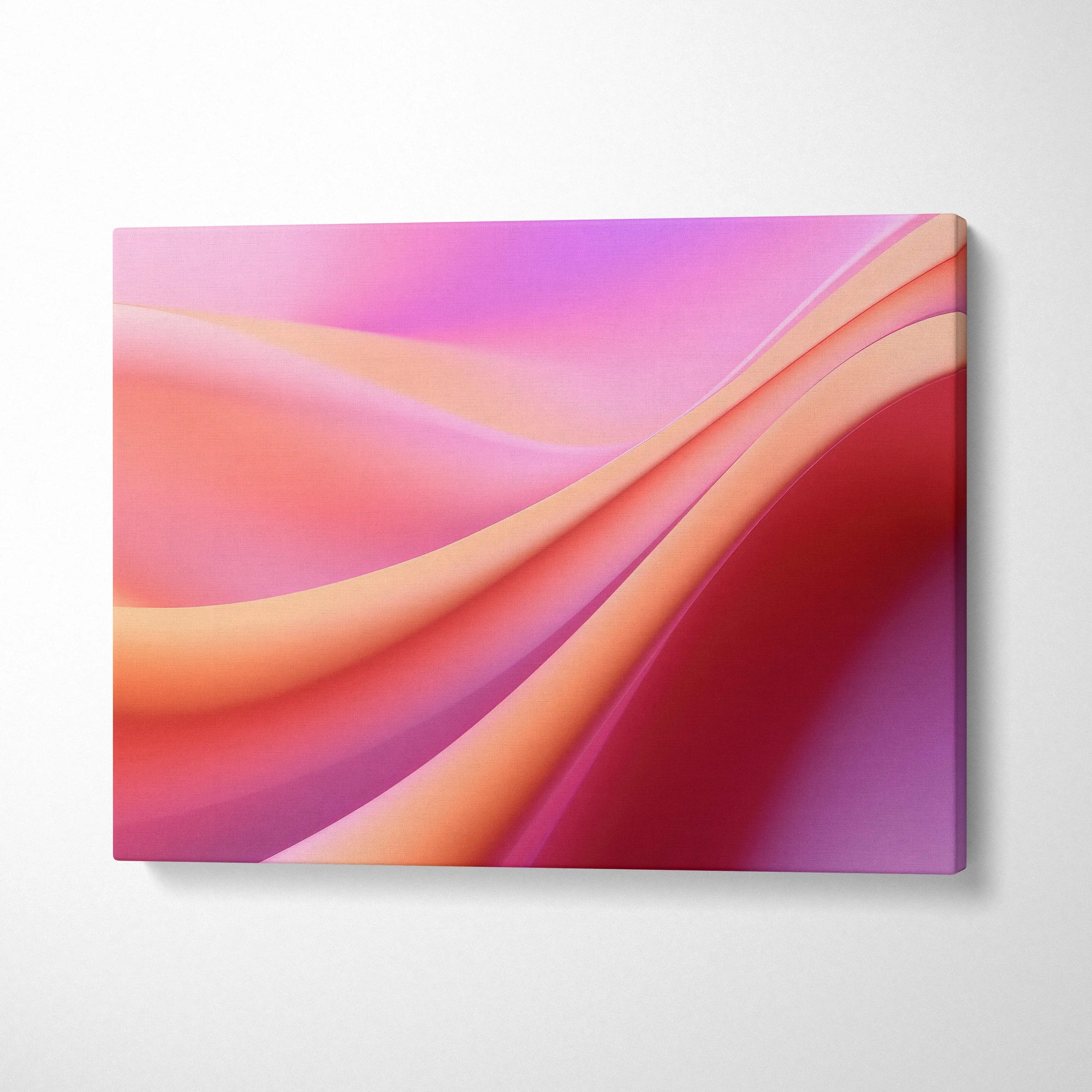 Abstract canvas wall art with flowing pink, purple, and peach gradient waves in vibrant digital style.