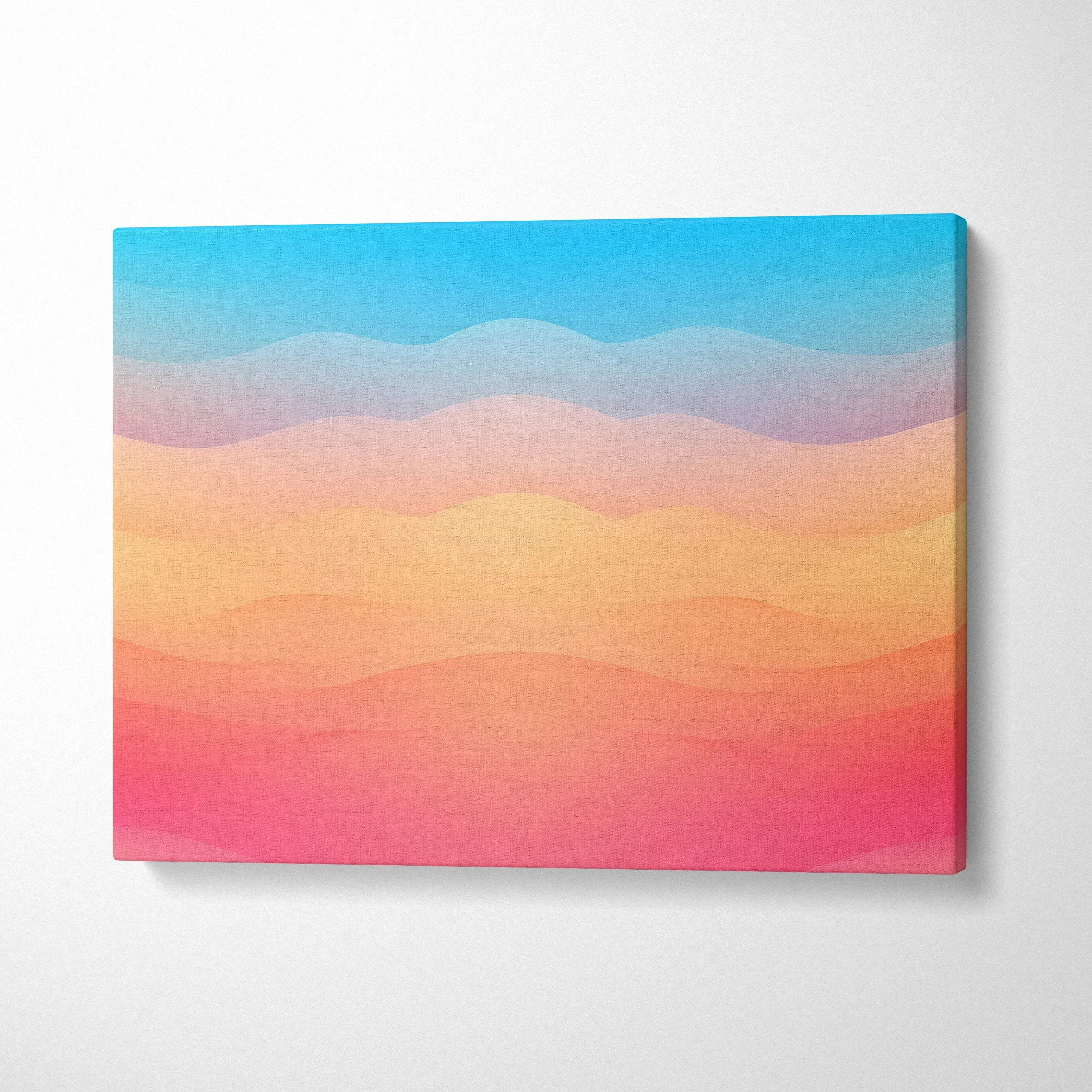 Abstract wave pattern digital canvas art with gradient shades of blue, peach, and pink wall art.