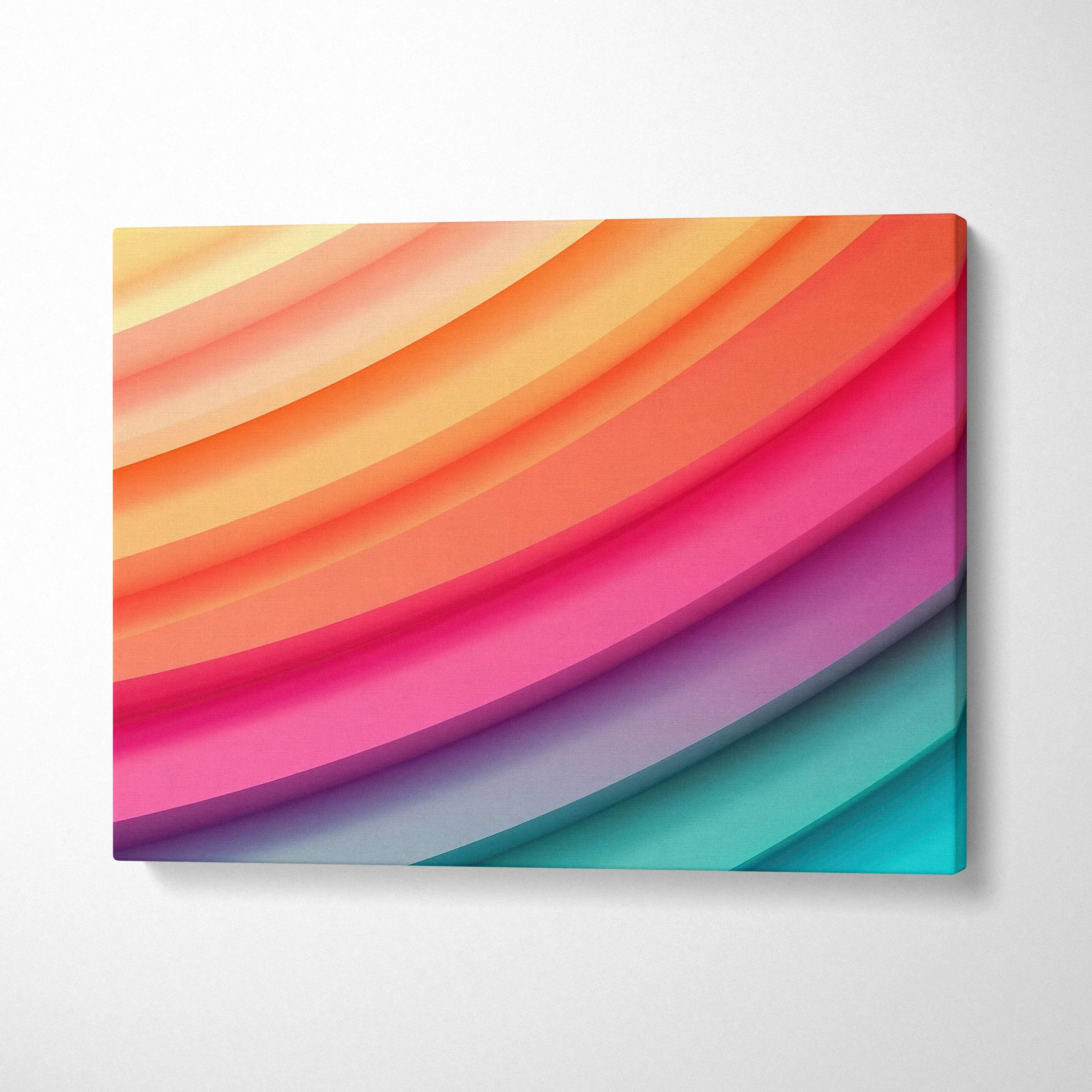 Colorful abstract digital art on canvas with vibrant curved stripes in warm and cool tones wall art.