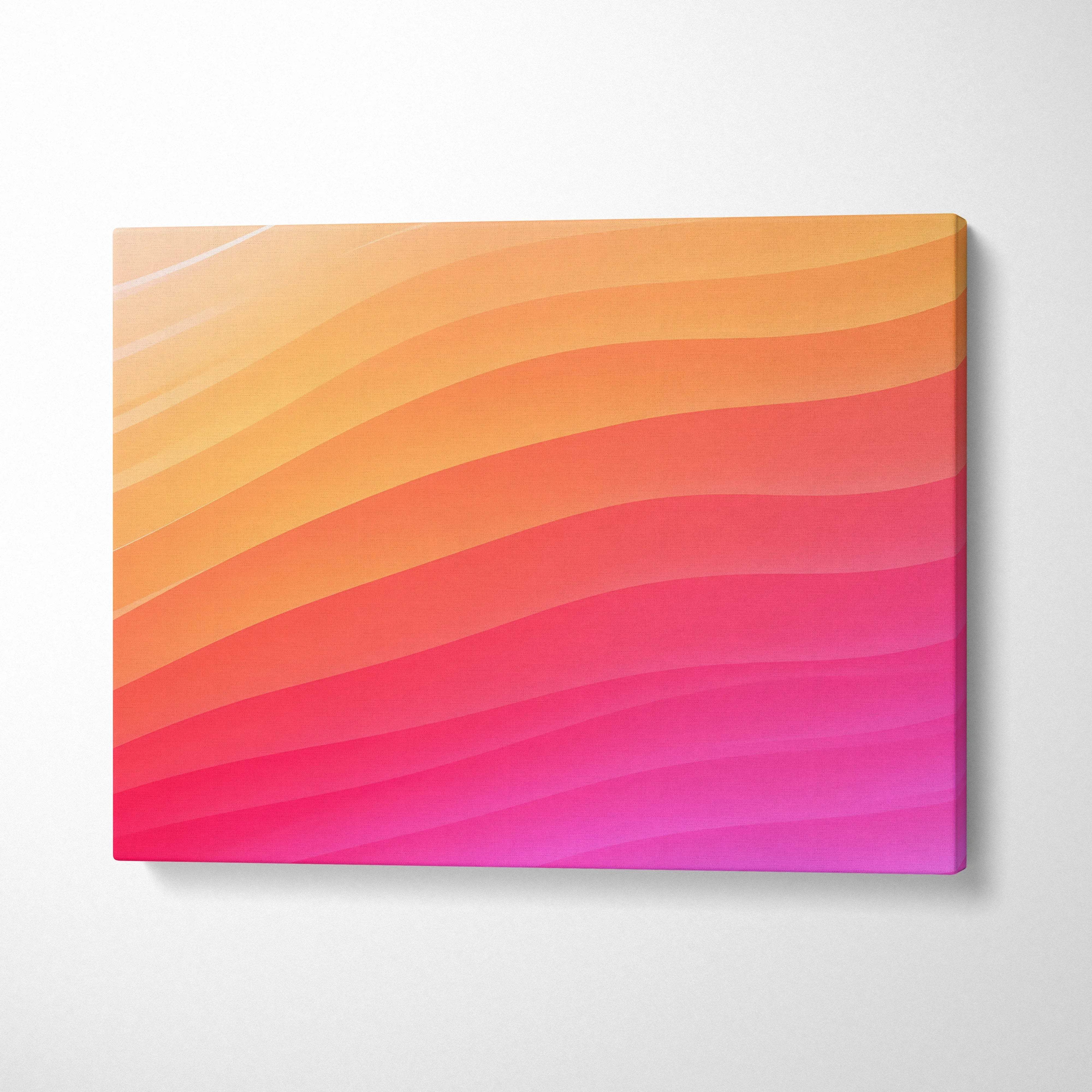 Abstract wall art canvas with warm gradient waves in orange, pink, and red tones.
