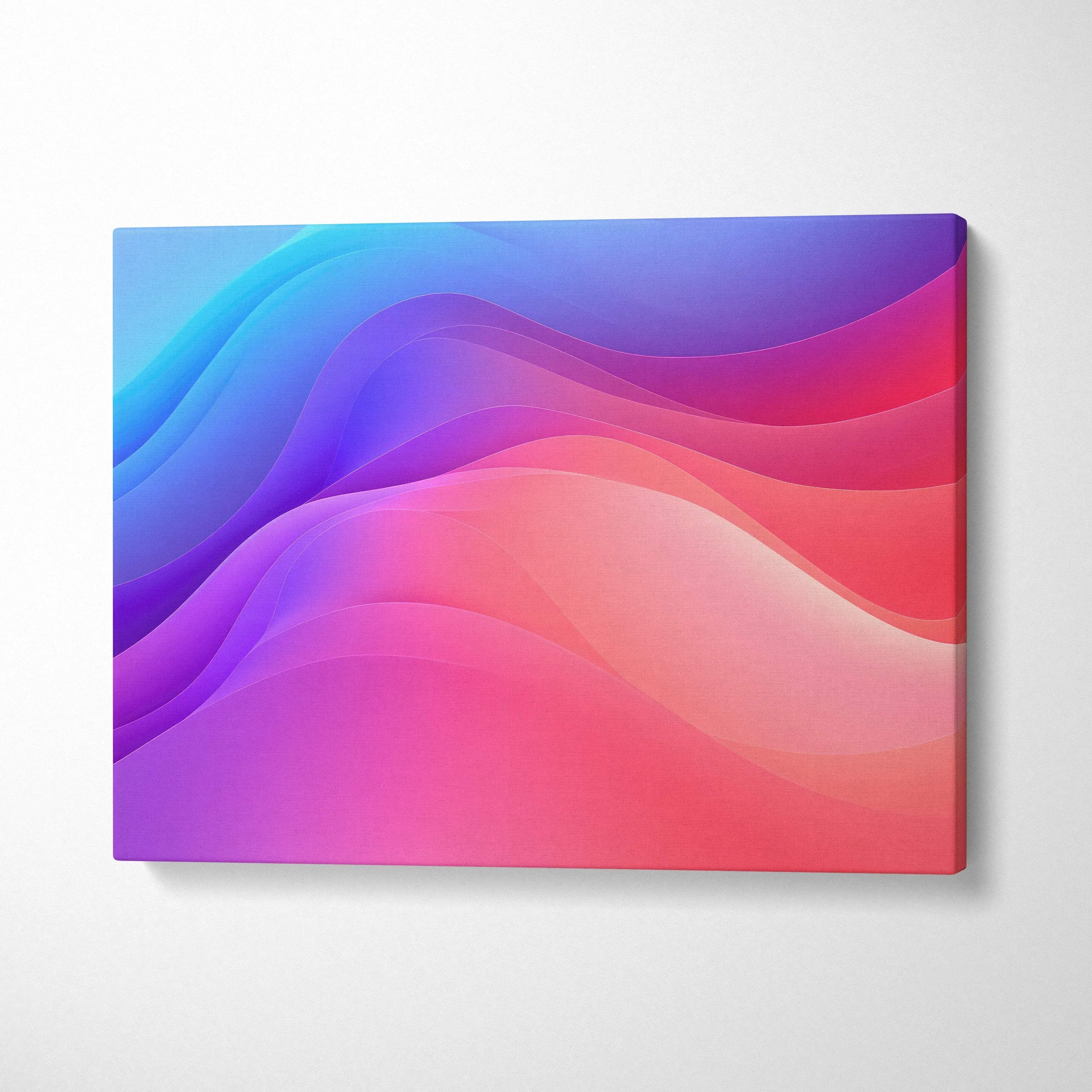 Abstract digital art canvas wall art with flowing gradient waves in pink, purple, and blue tones.