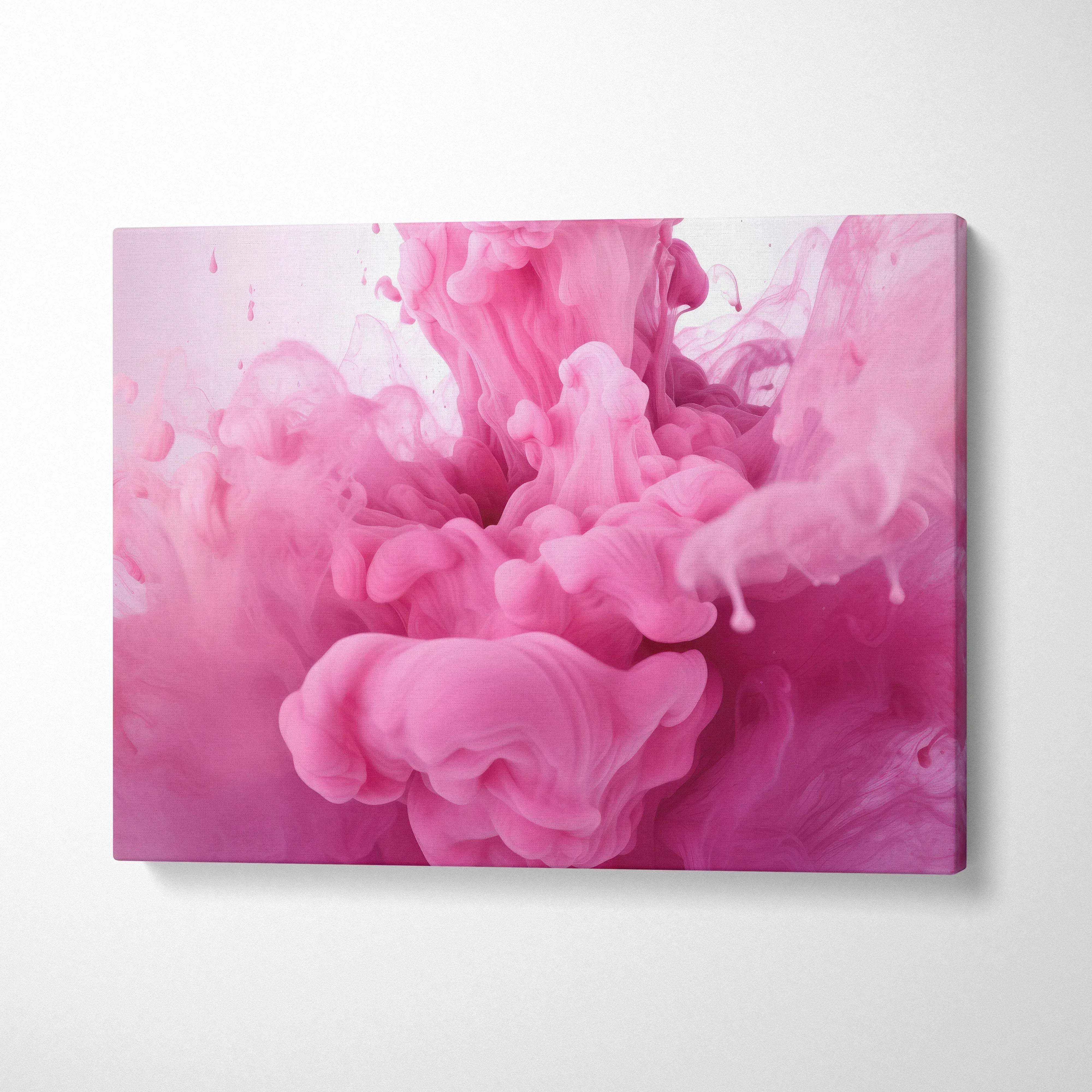 Abstract pink and purple ink swirl on canvas wall art with smooth texture and vibrant colors.