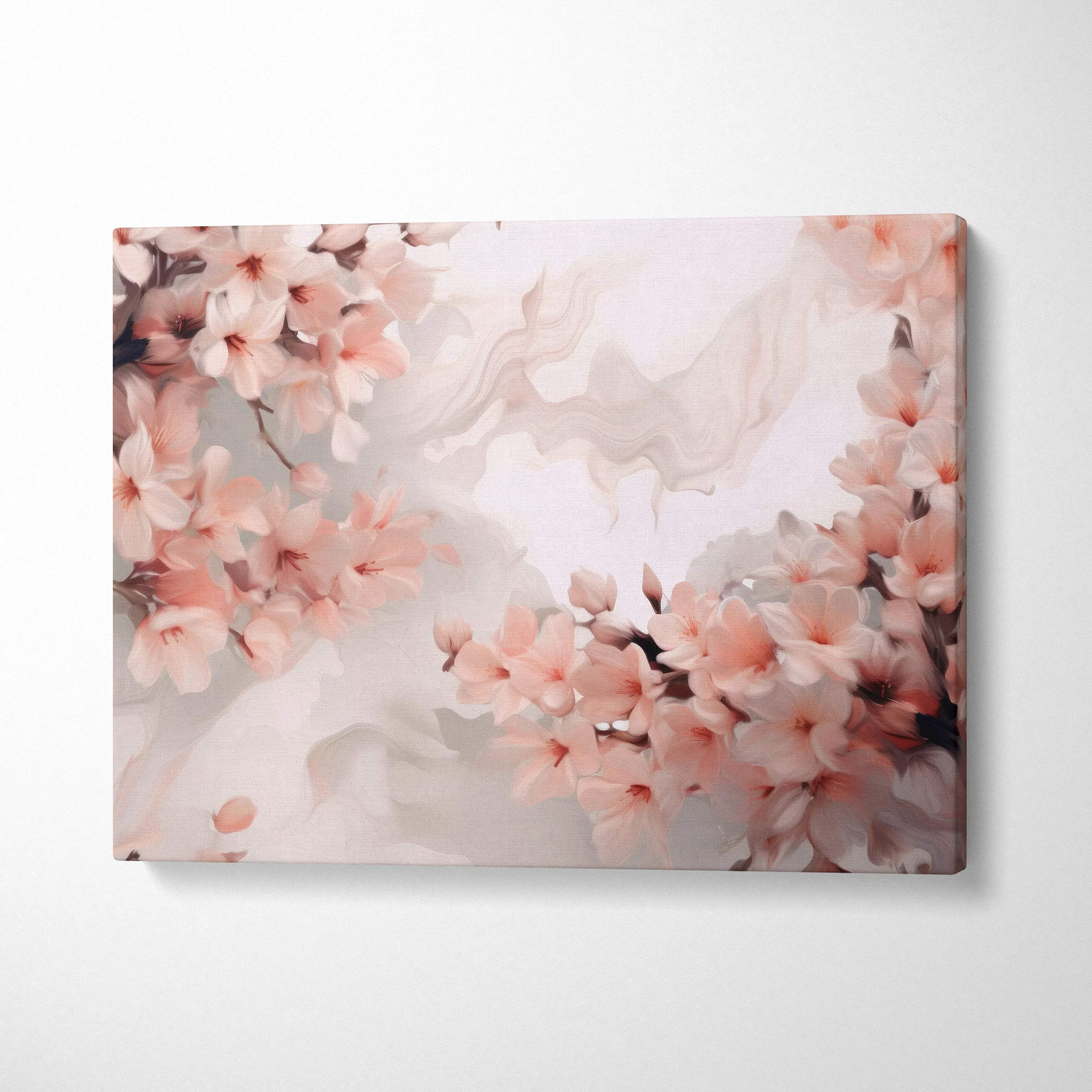 Floral abstract digital art canvas with soft pink blossoms and swirling beige tones wall art.