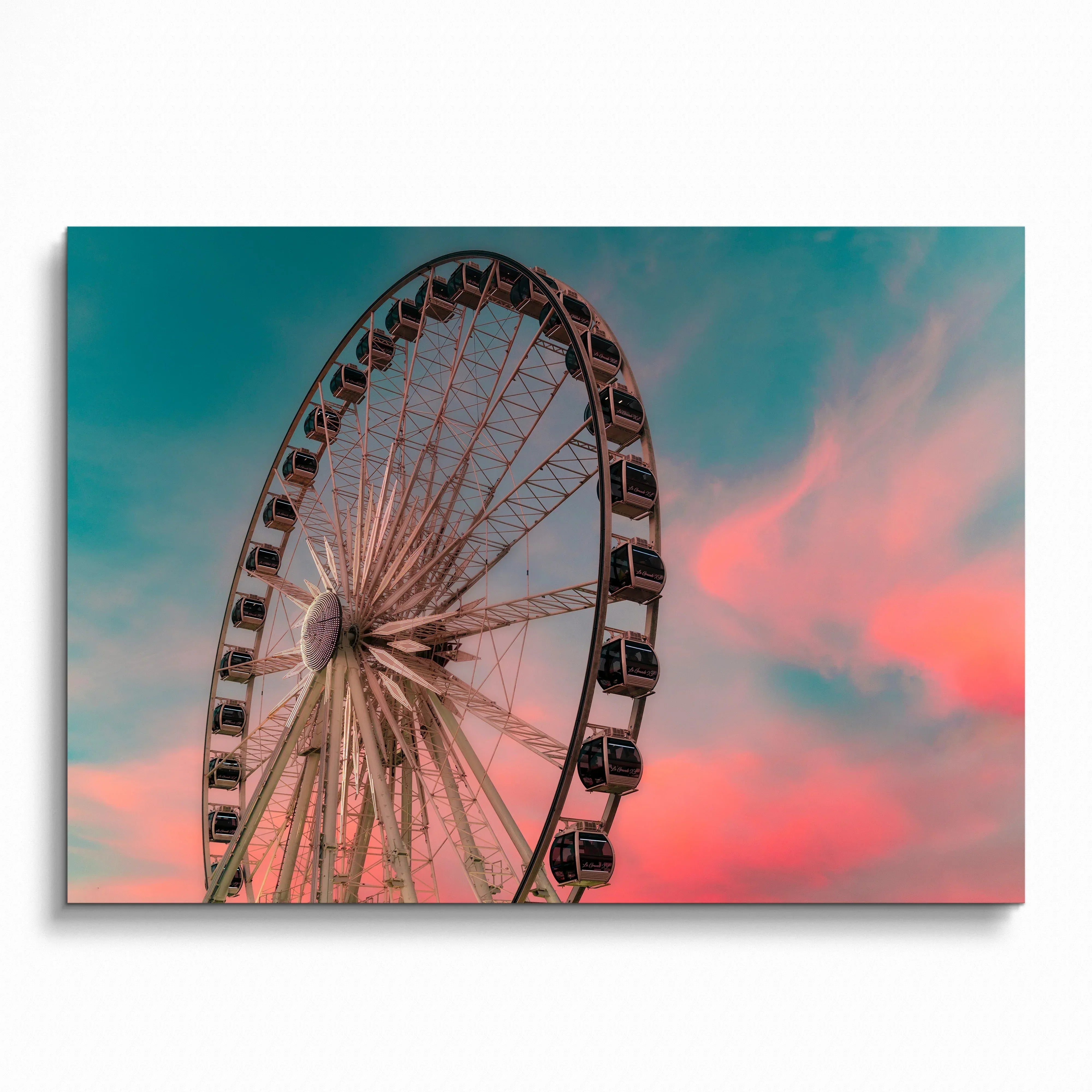 Ferris wheel against colorful sunset sky vibrant wall art poster.