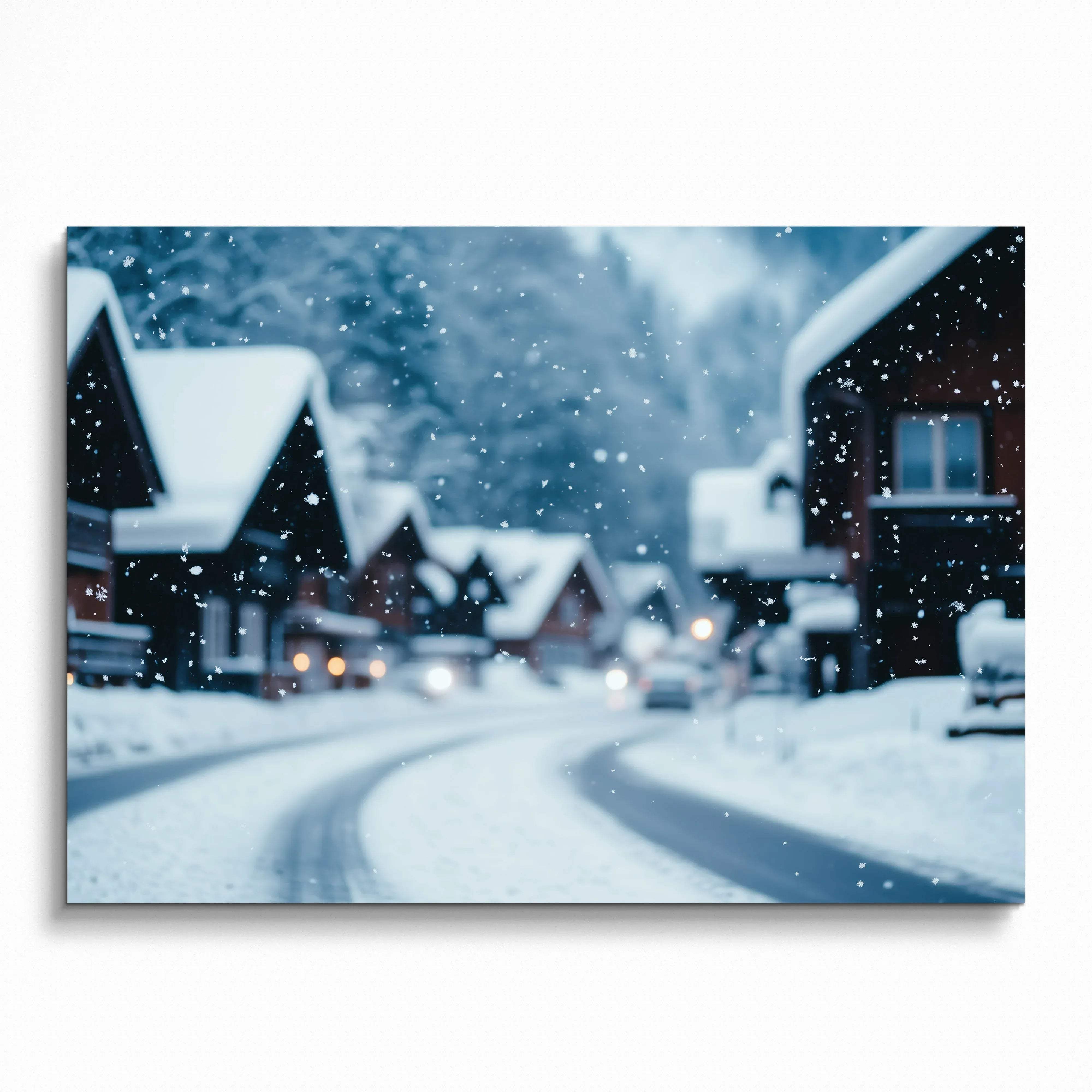 Serene snow-covered village street with wooden houses wall art poster in soft blue tones.