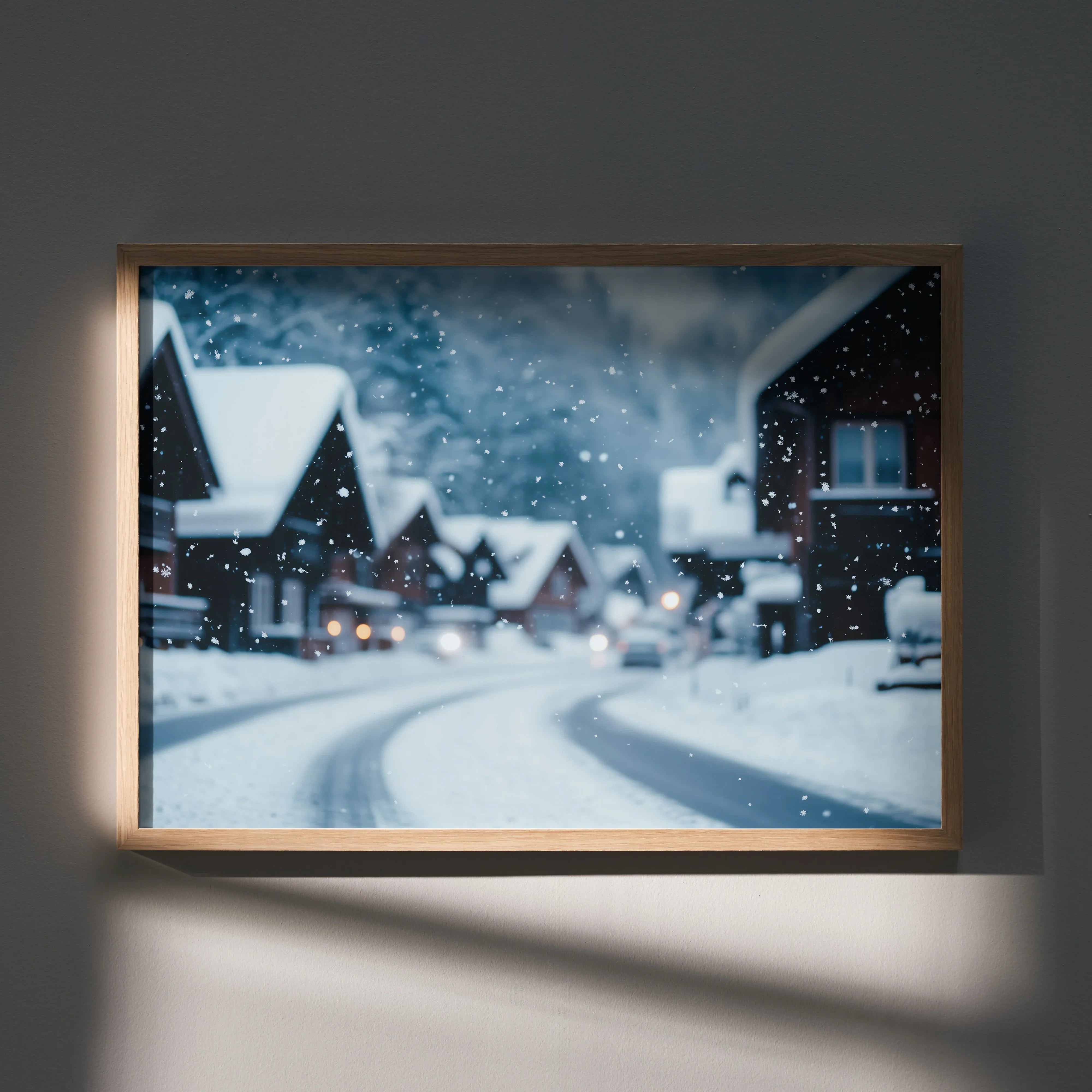 Serene snow-covered village at dusk digital art poster with warm lights and falling snowflakes wall art.