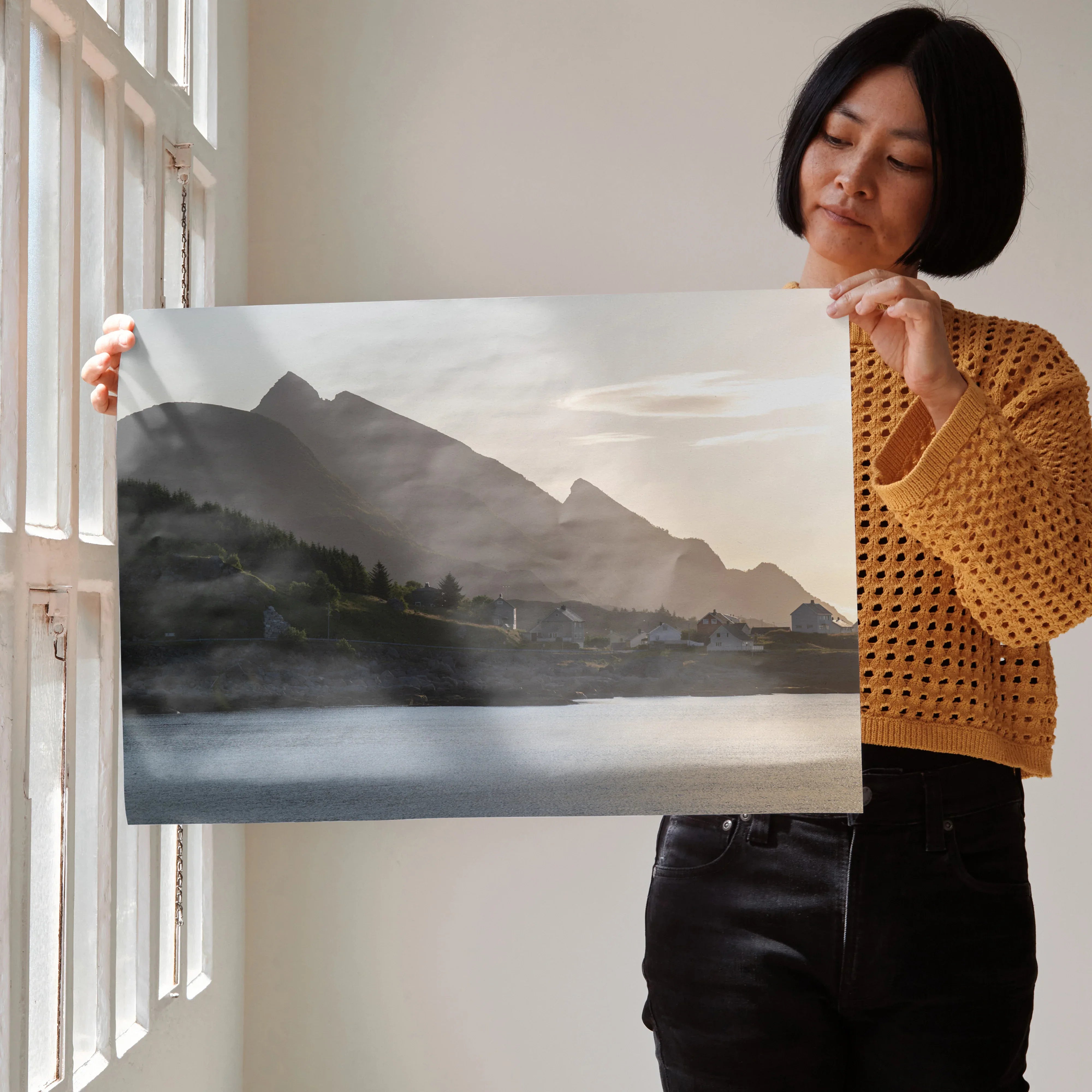 Sunset mountain landscape poster with mist and soft light, nature wall art print.