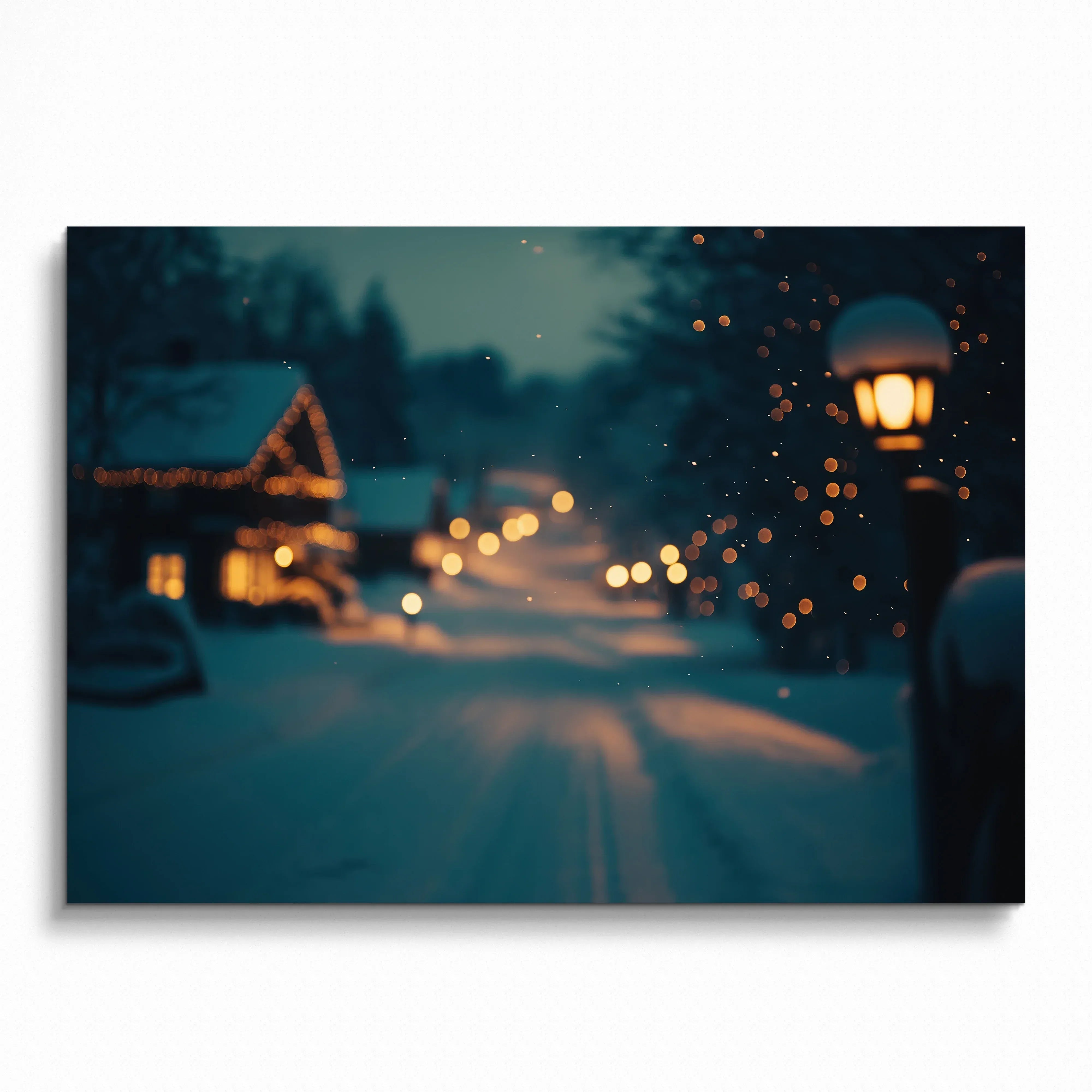 Serene snowy landscape poster with warm glowing lights and soft focus winter night wall art.
