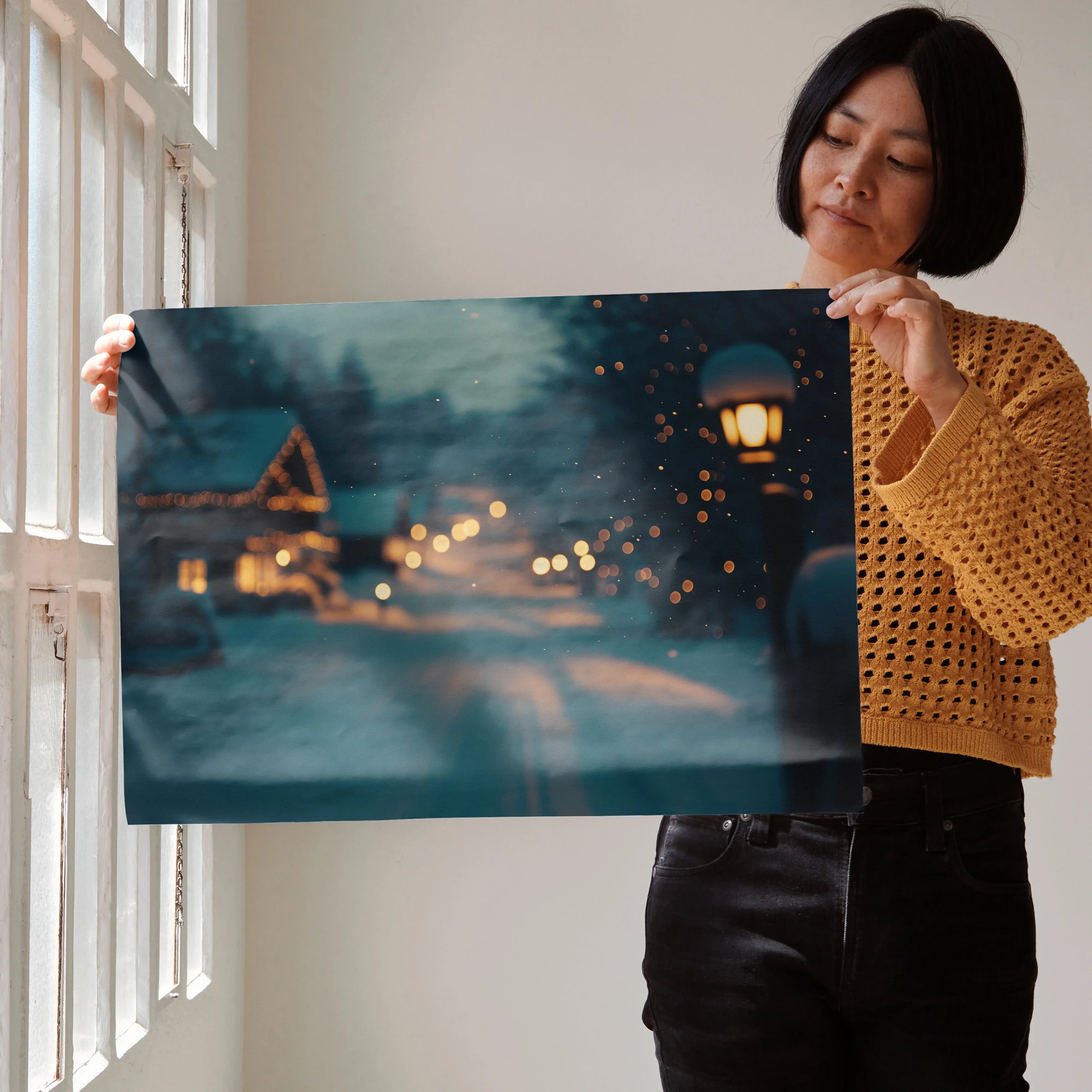 Serene snowy landscape digital art poster with glowing lantern and blurred winter village scene for wall art.