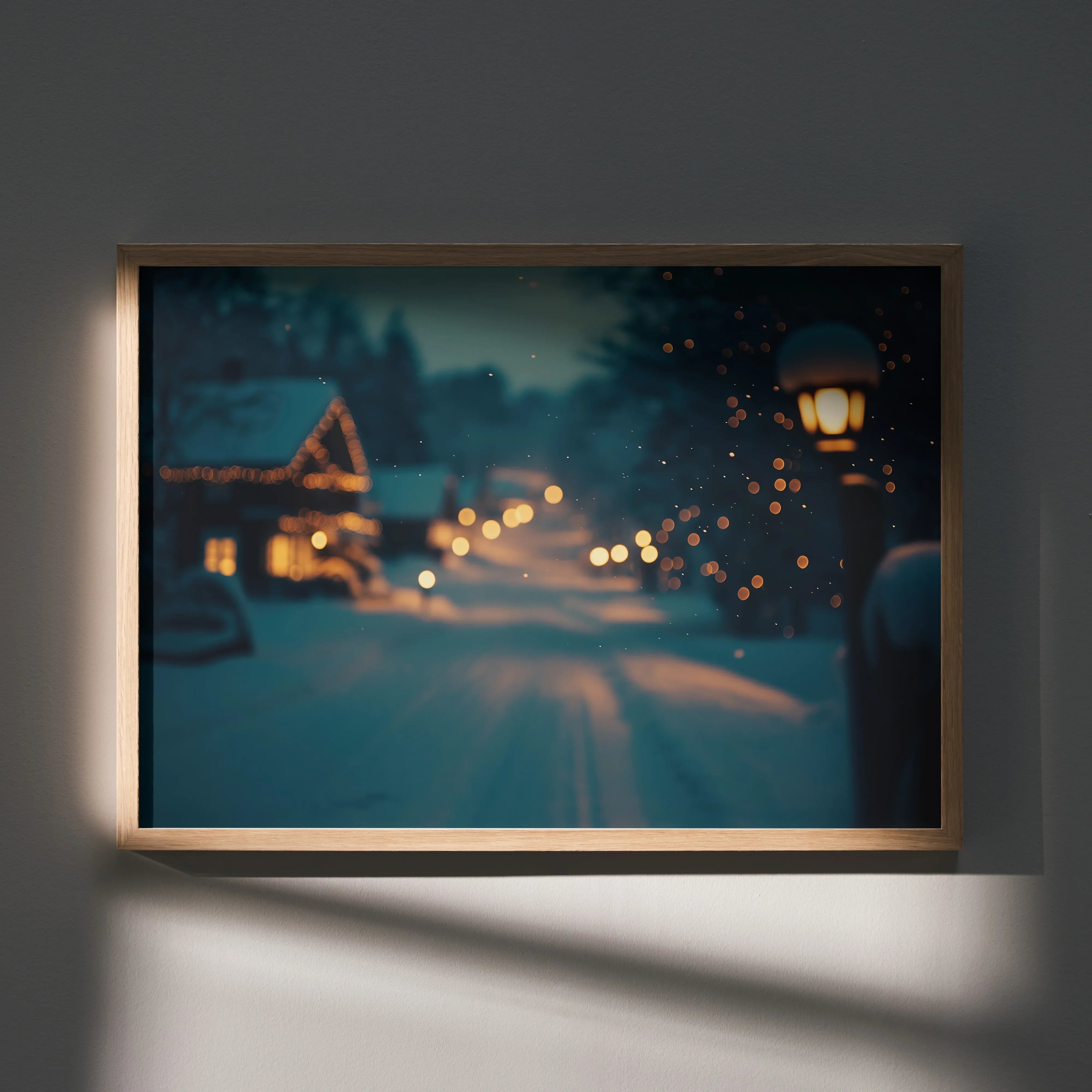 Serene snowy landscape poster with glowing lights and dark evening sky wall art.