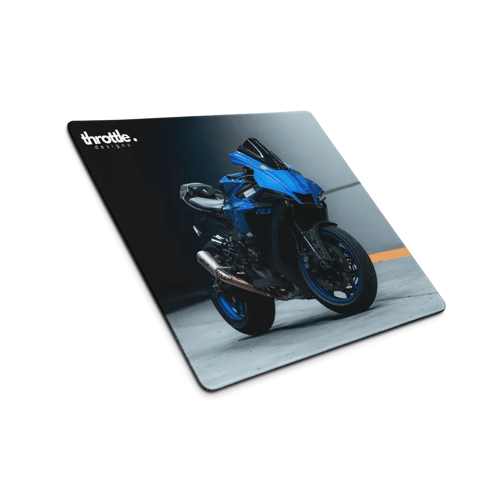 Blue sport motorcycle printed on a sleek rectangular coaster featuring yamaha r1 gaming mouse pad design large xl extended