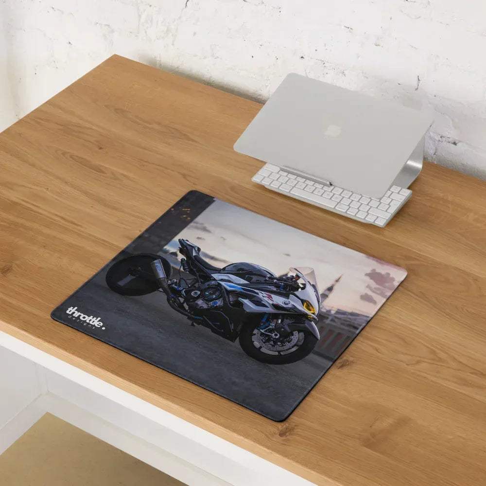 Black and silver large bmw inspired s1000rr gaming mouse pad featuring detailed motorcycle graphic for extended use
