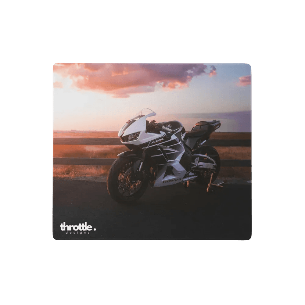 Honda CBR600RR gaming mouse pad featuring a white and black sport motorcycle with sleek aerodynamic design and glossy finish