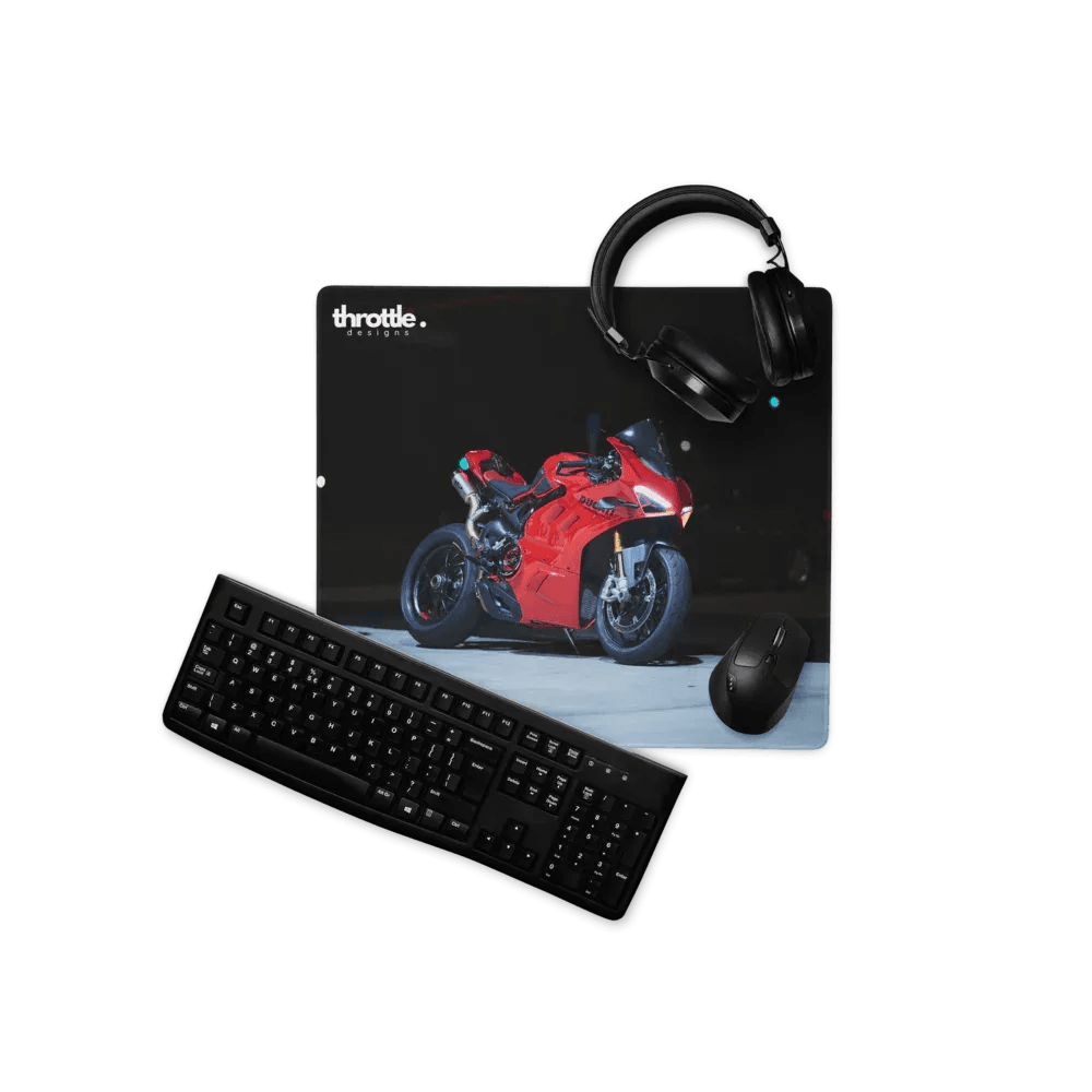 Black gaming mousepad featuring a vibrant red Ducati Panigale V4S motorcycle graphic by throttle in large XL size