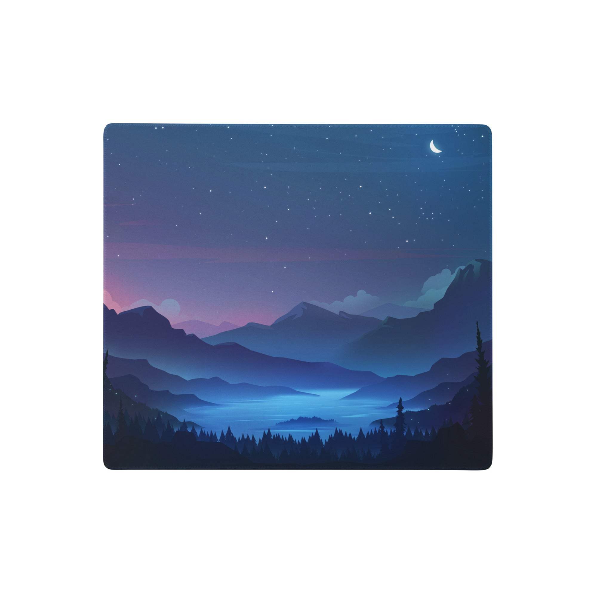 Rectangular mousepad with serene night landscape of layered blue and purple mountains under a starry sky and crescent moon